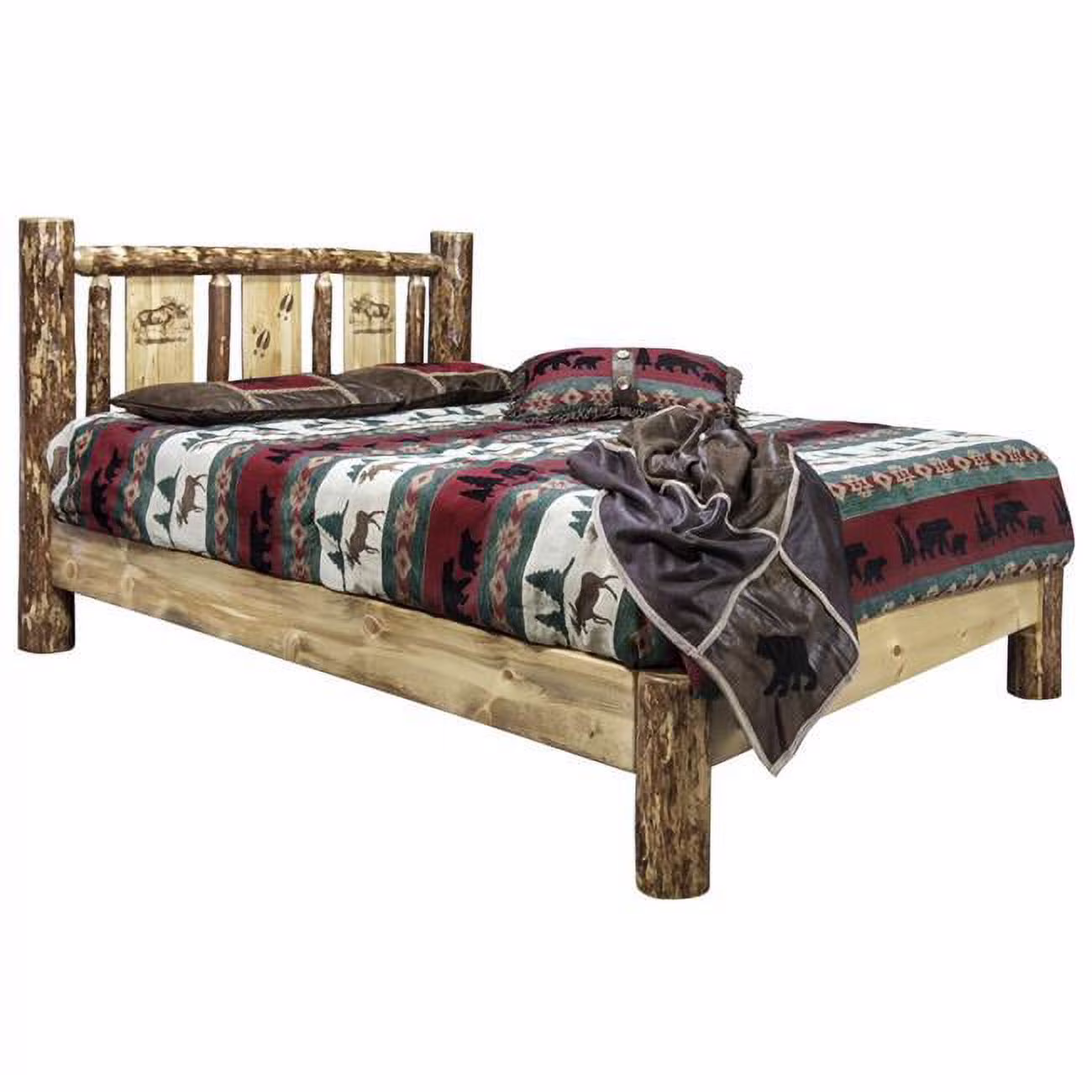 Glacier Country Platform Bed with Laser Engraved Moose Design - Queen Size