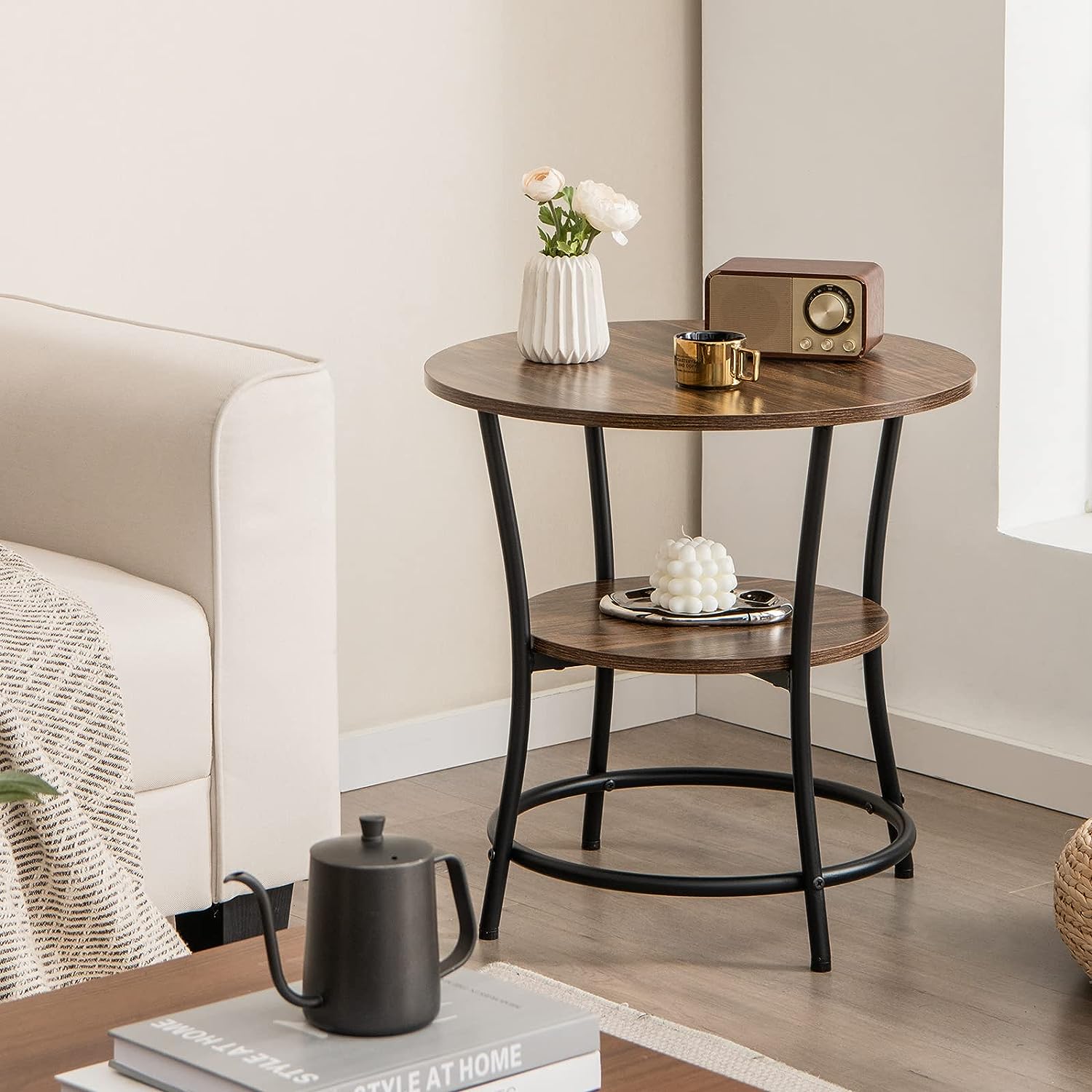 End Table Set of 2, Industrial Side Table with 2 Storage Shelves & Sturdy Metal Frame, Versatile Bedside Table for Bedroom Living Room Small Space, Easy Assembly (2, Brown)