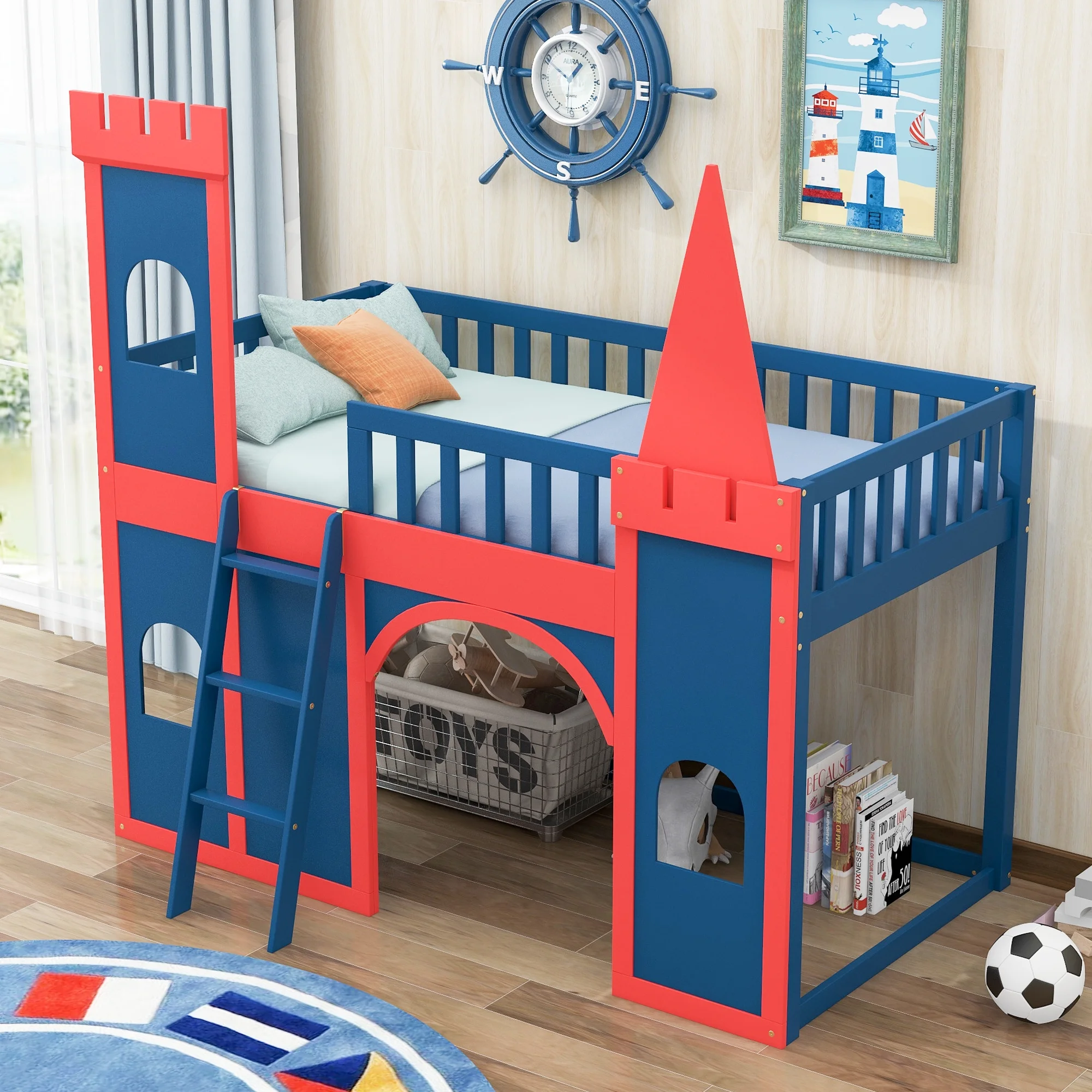 CoSoTower Twin Size Castle Shaped Loft Bed With Underbed Storage Space, Red