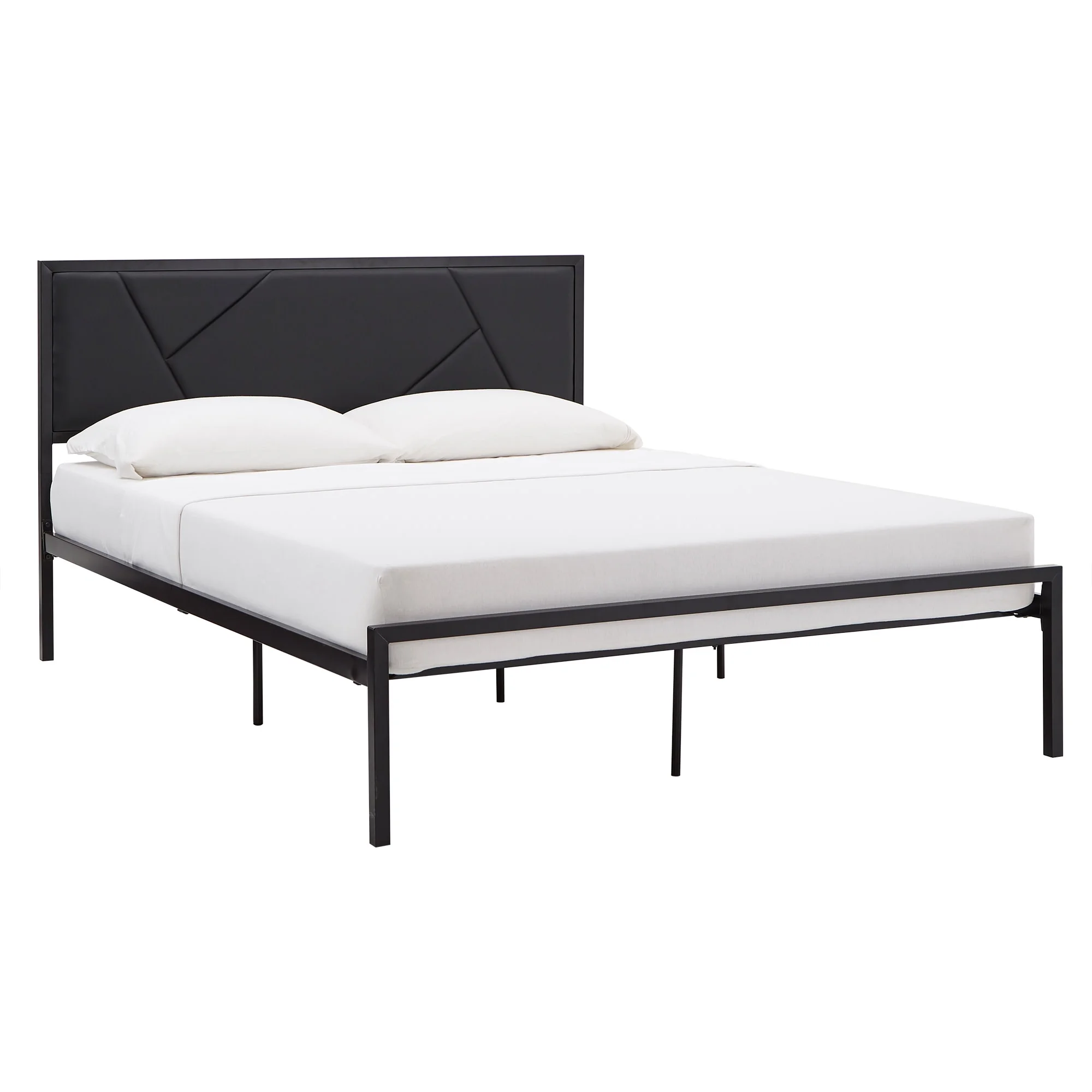 Weston Home Berzelia Metal Platform Bed with Geometric Headboard, Black Finish, Queen