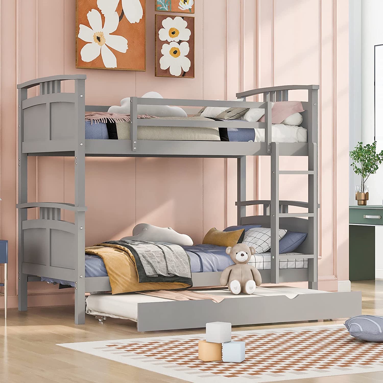 Wooden Bunk Bed With Trundle, Separable Bunk Bed Can Be Separated Into 2 Beds, Grey