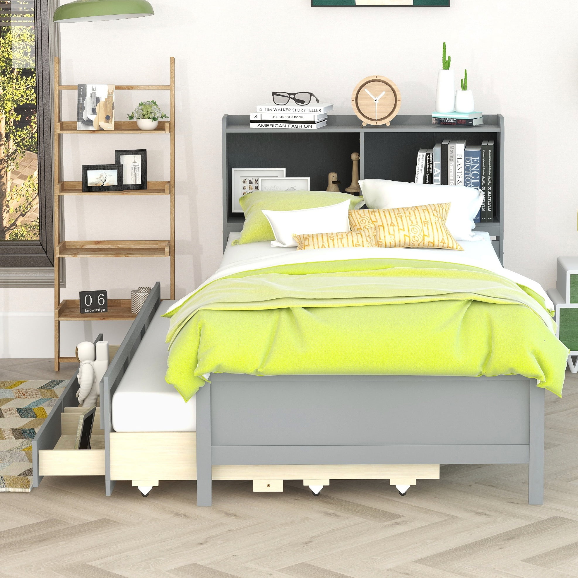 Bellemave Twin Bed with Storage Drawers and Trundle, Wooden Twin Size Platform Bed with Bookcase Headboard, Twin Storage Bed and Trundle Bed for Kids Teens Adults(Twin,Gray)