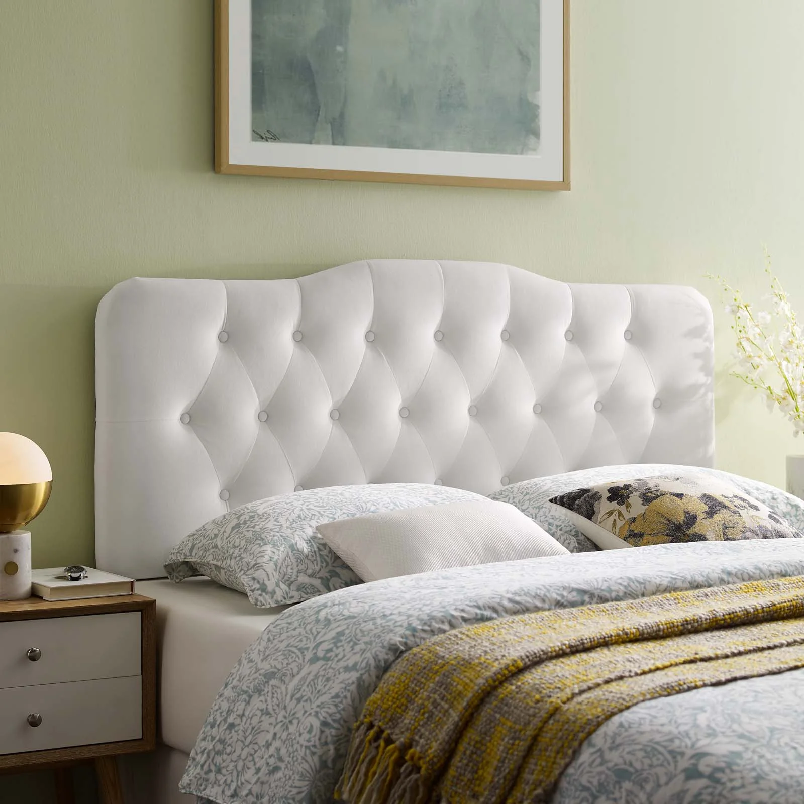 Contemporary Modern Urban Designer Bedroom Full Size Tufted Headboard, Velvet Fabric, White