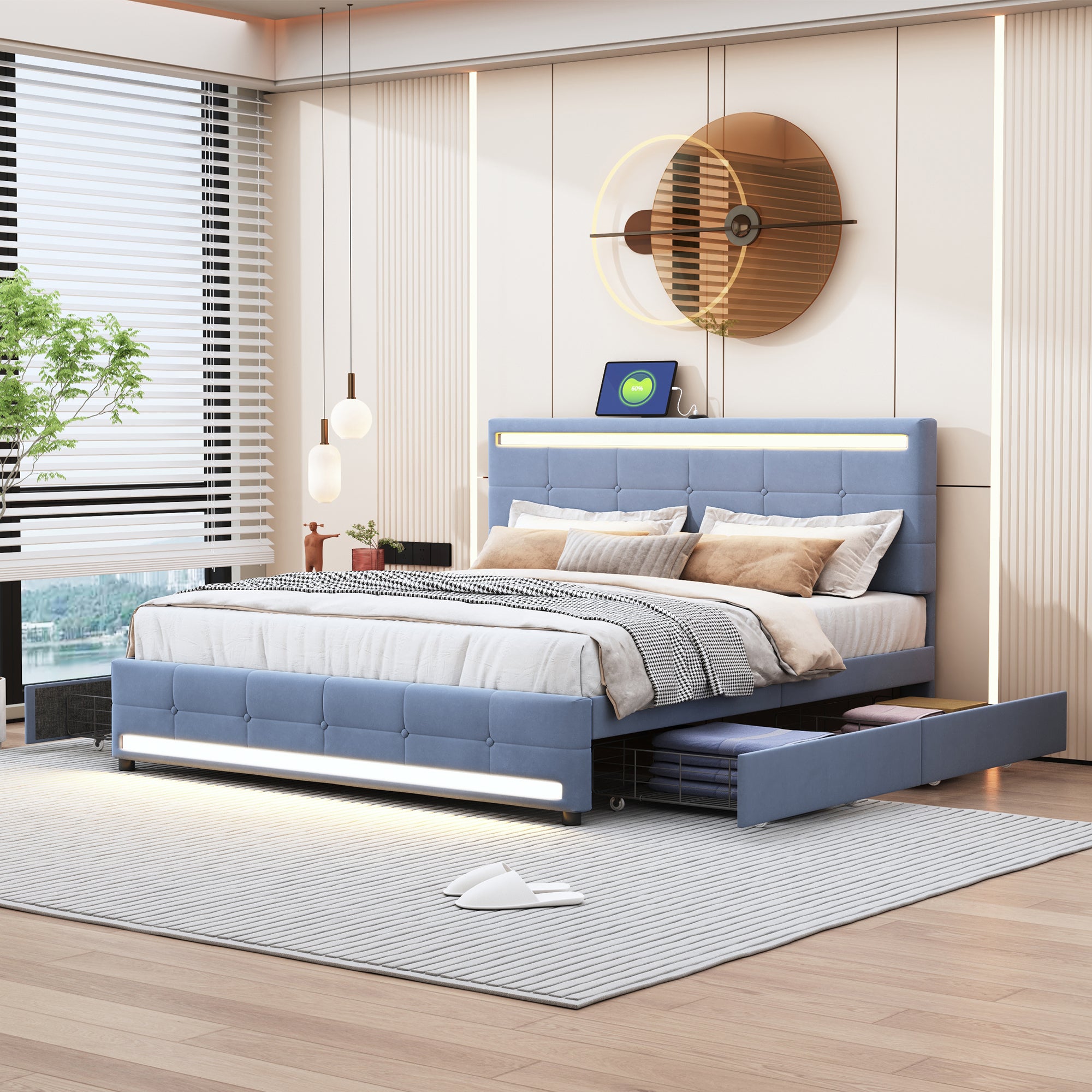 jono Queen Size Upholstered Bed with LED Light - Gray