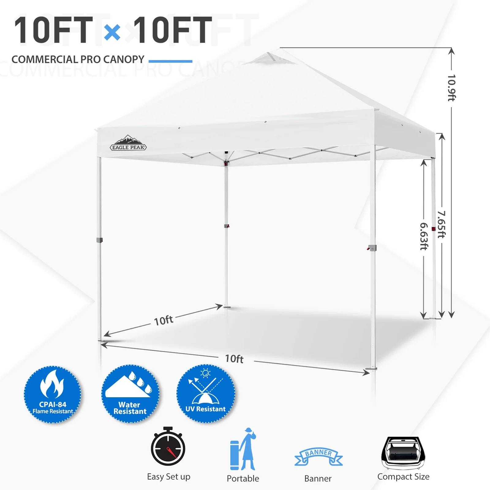 EAGLE PEAK 10' x 10' Heavy Duty Commercial Canopy Tent Pop Up Industrial Instant Canopy Shelter with 100 Square Feet of Shade (White)