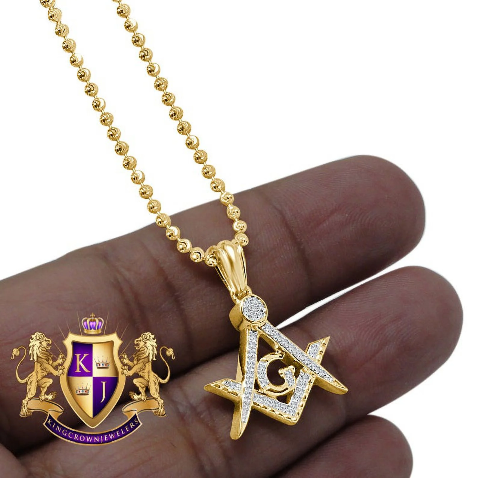 Real Genuine Diamond G Compass Masonic Mason Yellow Gold Finish Mini Pendent Charm Chain Set