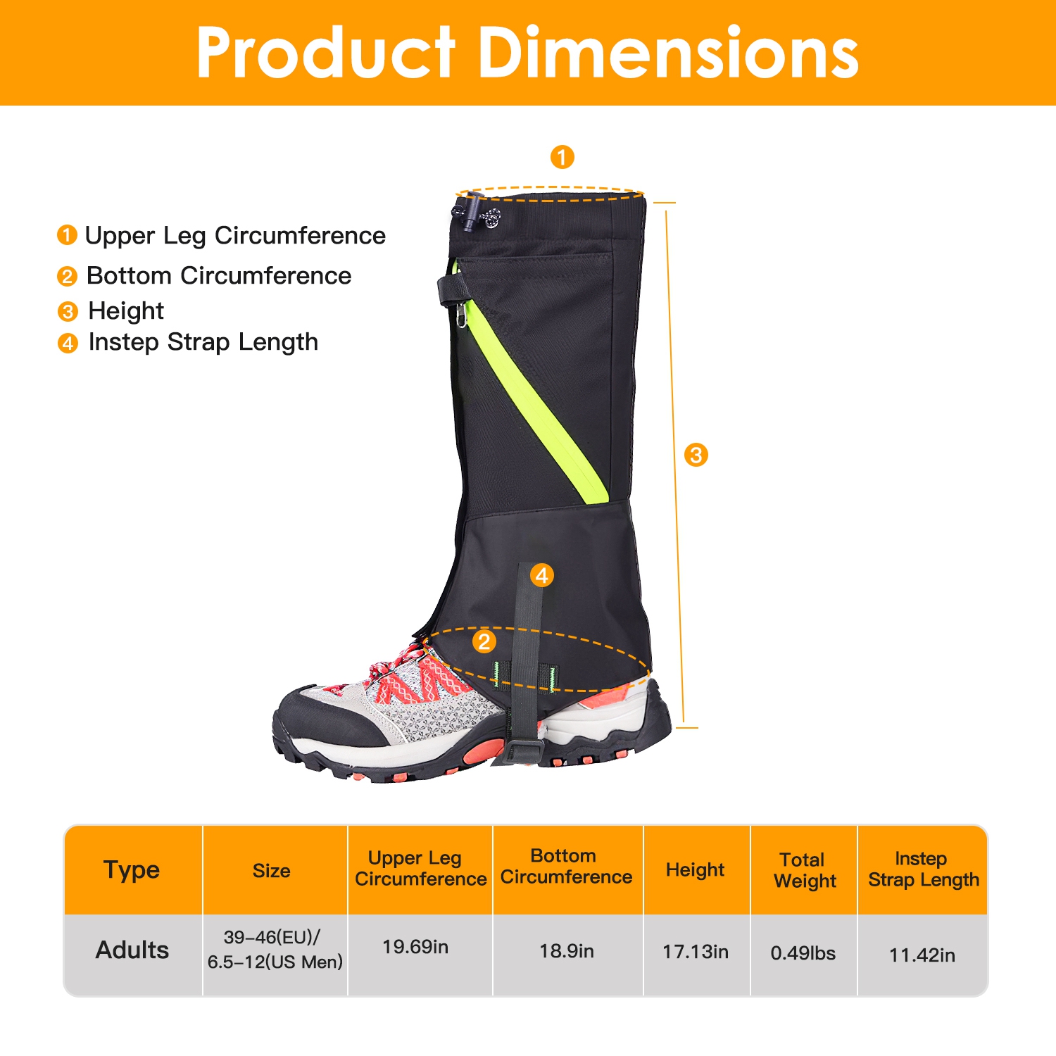 iMounTEK Leg Gaiters Waterproof Snow Boot Gaiters Snow Legging Shoe Gaiters Leg Cover for Walking Hunting Mountain Climbing Snowshoeing Black, Adult