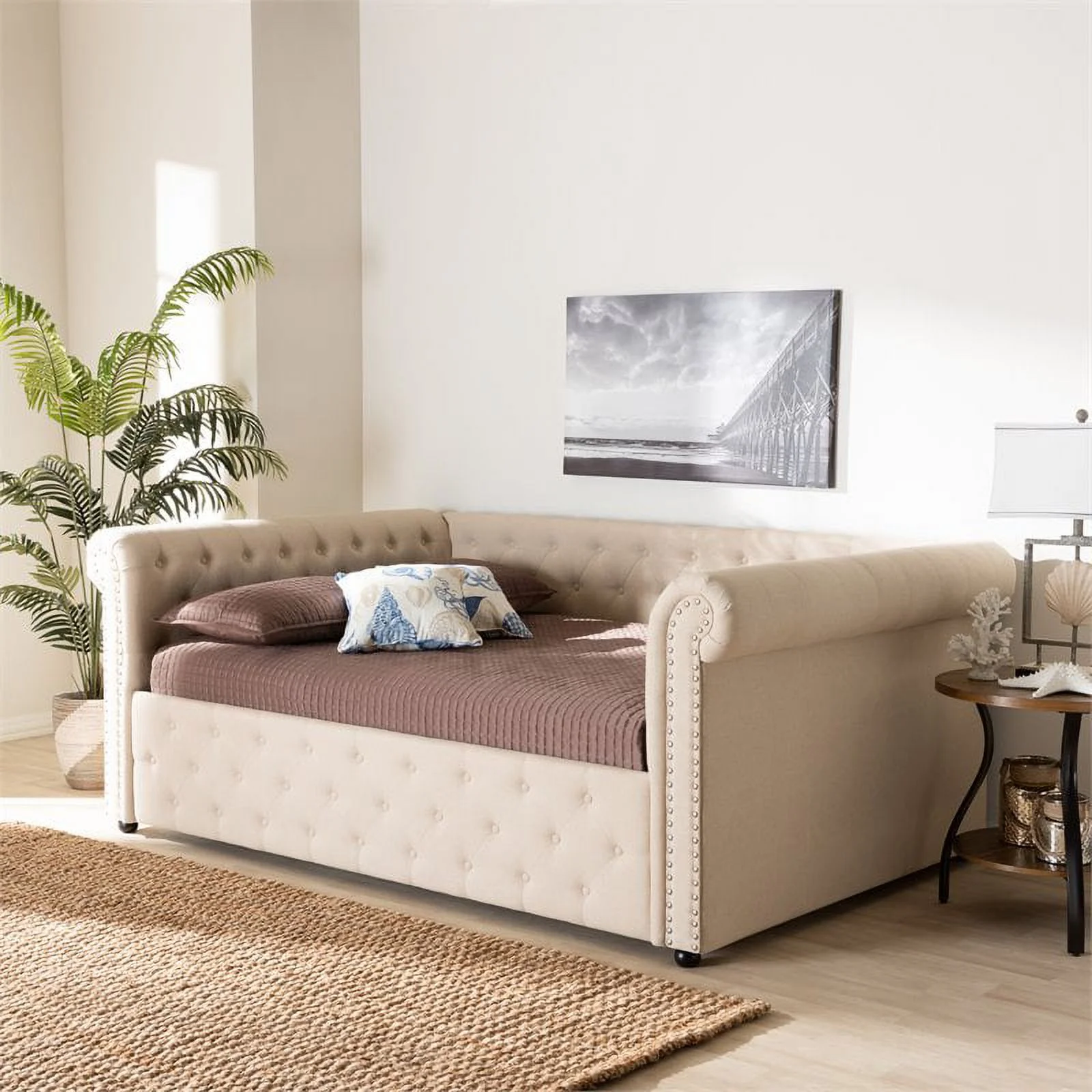 Bowery Hill Mid-Century Fabric/Wood Tufted Queen Daybed in Beige