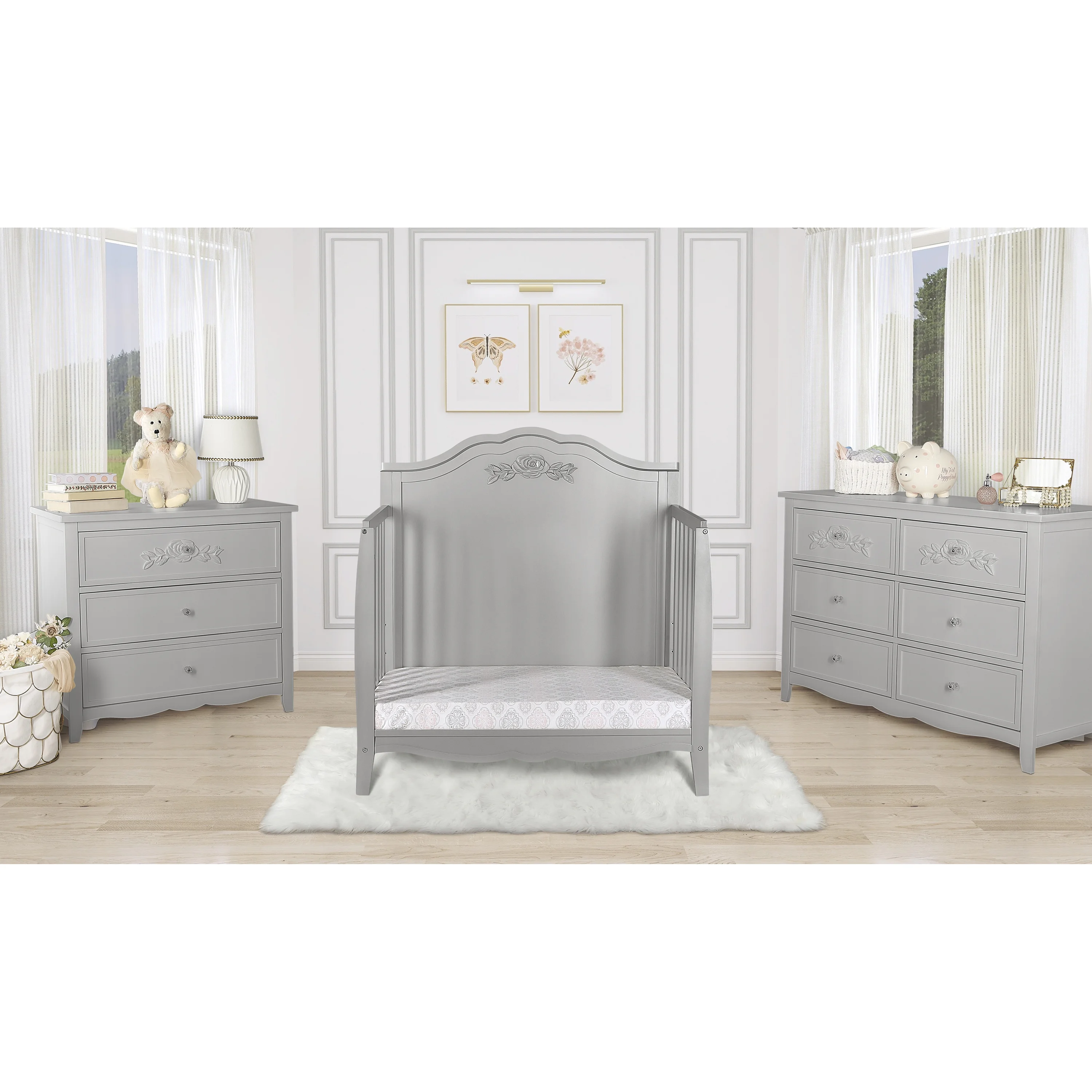 SweetPea Baby Rose 4-in-1 Convertible Mini Crib in Platinum, JPMA Certified Baby Crib, Non-Toxic Finish, New Zealand Pinewood, with 3 Mattress Height Settings Crib Platinum