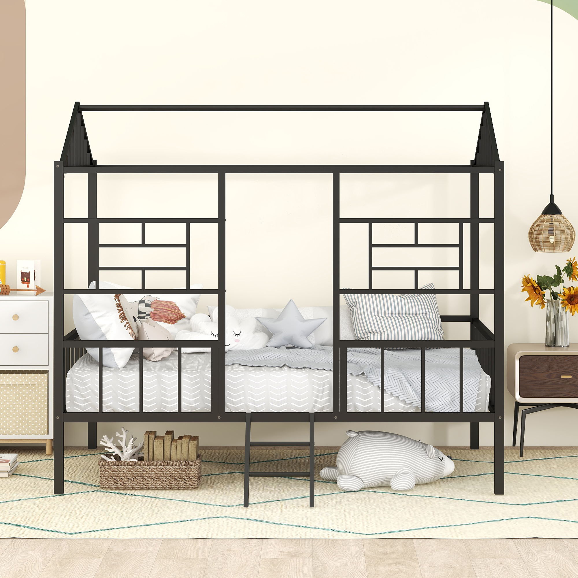 Bellemave Full House Bed with Rails, Metal Cabin Bed Frame with Ladder, Playhouse Bed for Toddler Kids Boys Girl Teens (Full Size, Black)