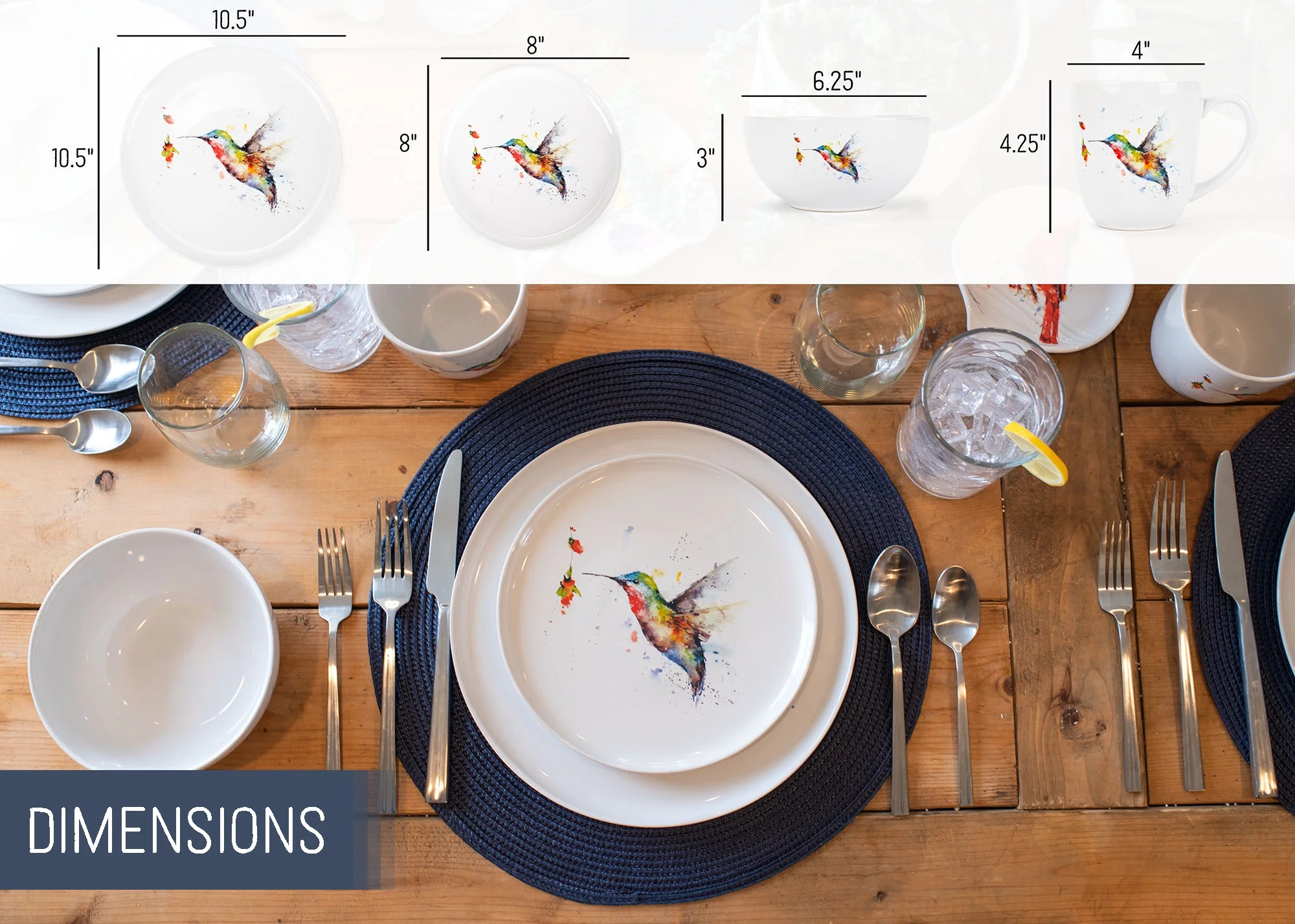 Nat & Jules Dean Crouser Watercolor Ceramic Dinnerware 16 Piece Set - Service for 4, Hummingbird