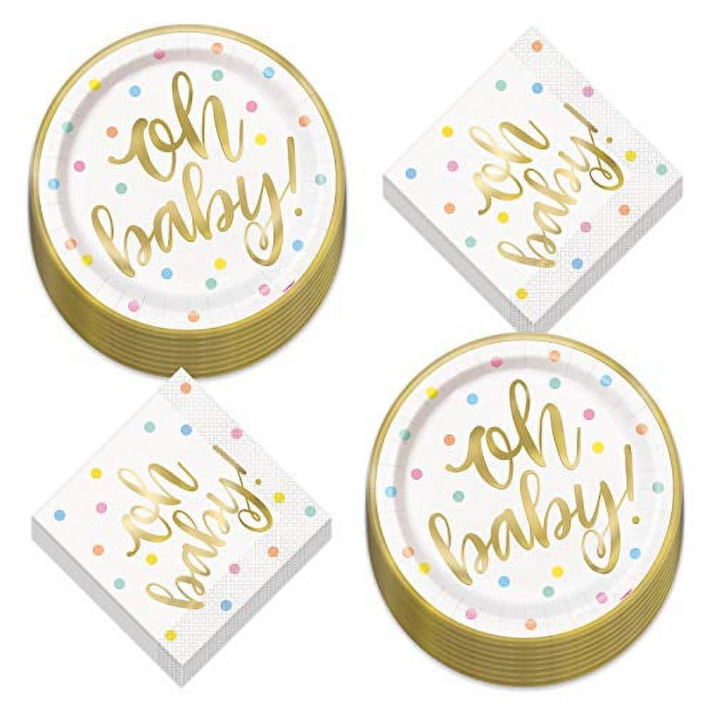 Oh Baby White and Gold Neutral Baby Shower Party Supplies - Paper Dinner Plates and Lunch Napkins (Serves 16)