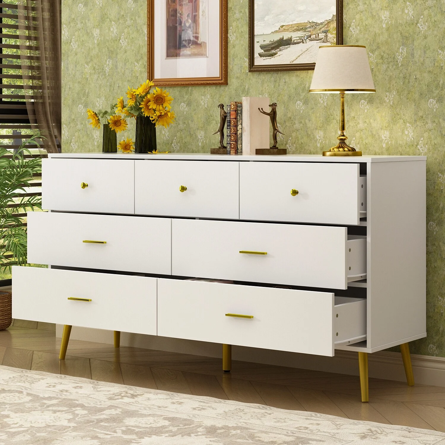 FAMAPY 55.9'' W White Dresser Chest In White and Gold 7 Drawer Storage White
