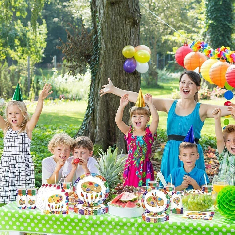 Art Painting Paper Plates Serves 20 Guests Baby Showers Birthday Party Supplies Set Disposable Party Tableware for Kids Dinner Plates, Napkins, Cup 92PCS(