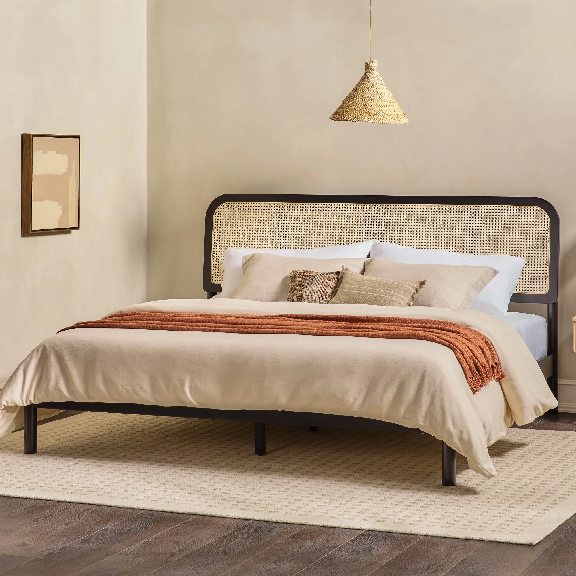 Walker Edison Boho Rattan-Panel King Platform Bedframe, Black