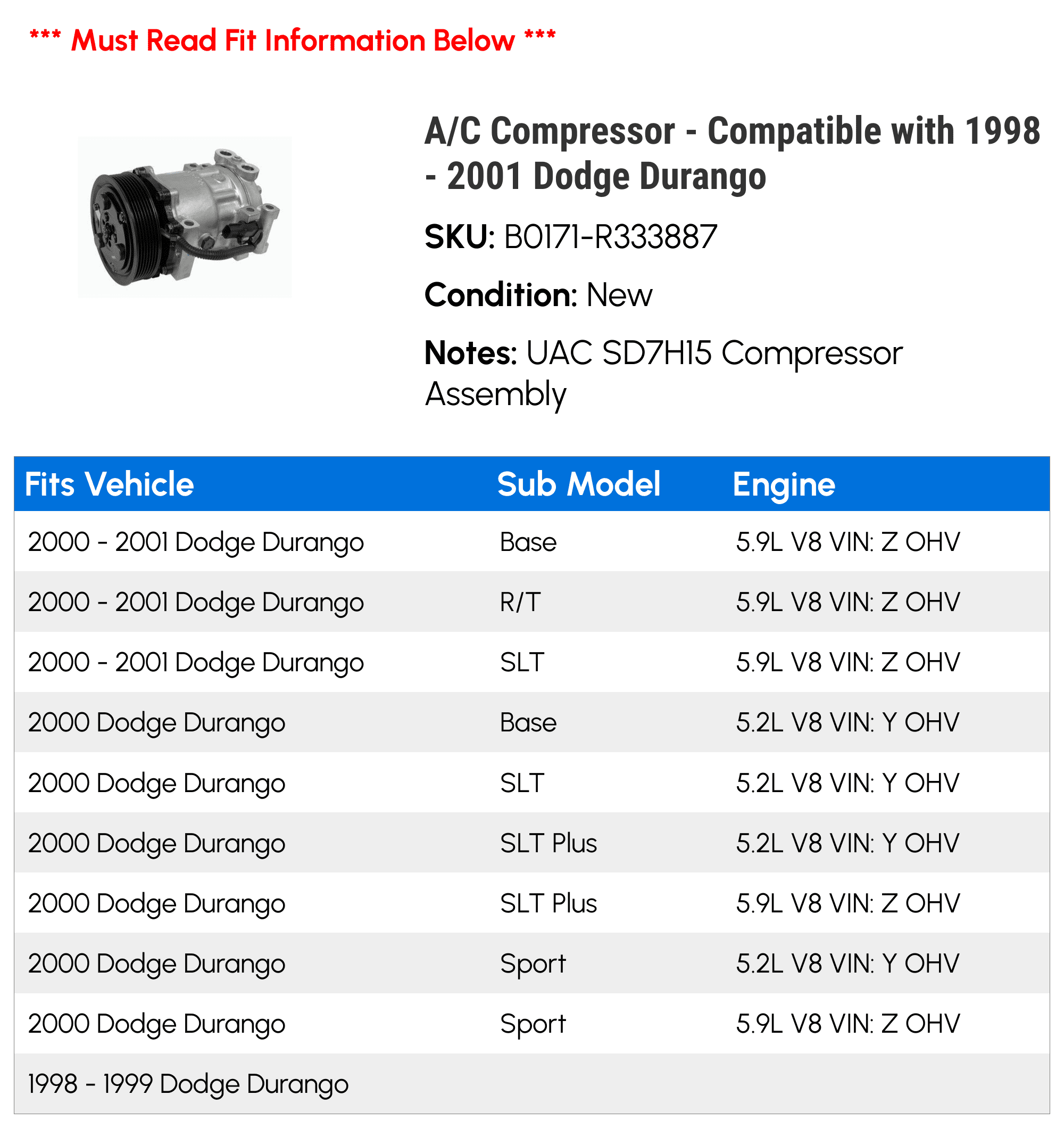 A/C Compressor - Compatible with 1998 - 2001 Dodge Durango 1999 2000