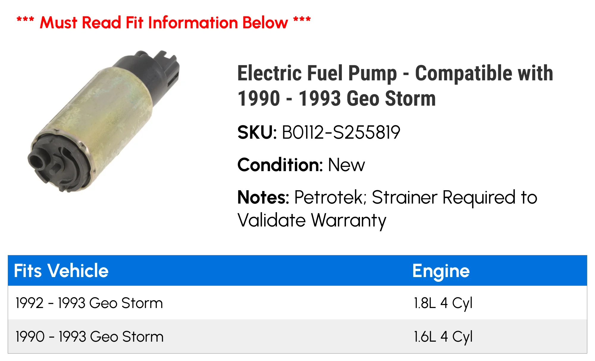 Electric Fuel Pump - Compatible with 1990 - 1993 Geo Storm 1991 1992