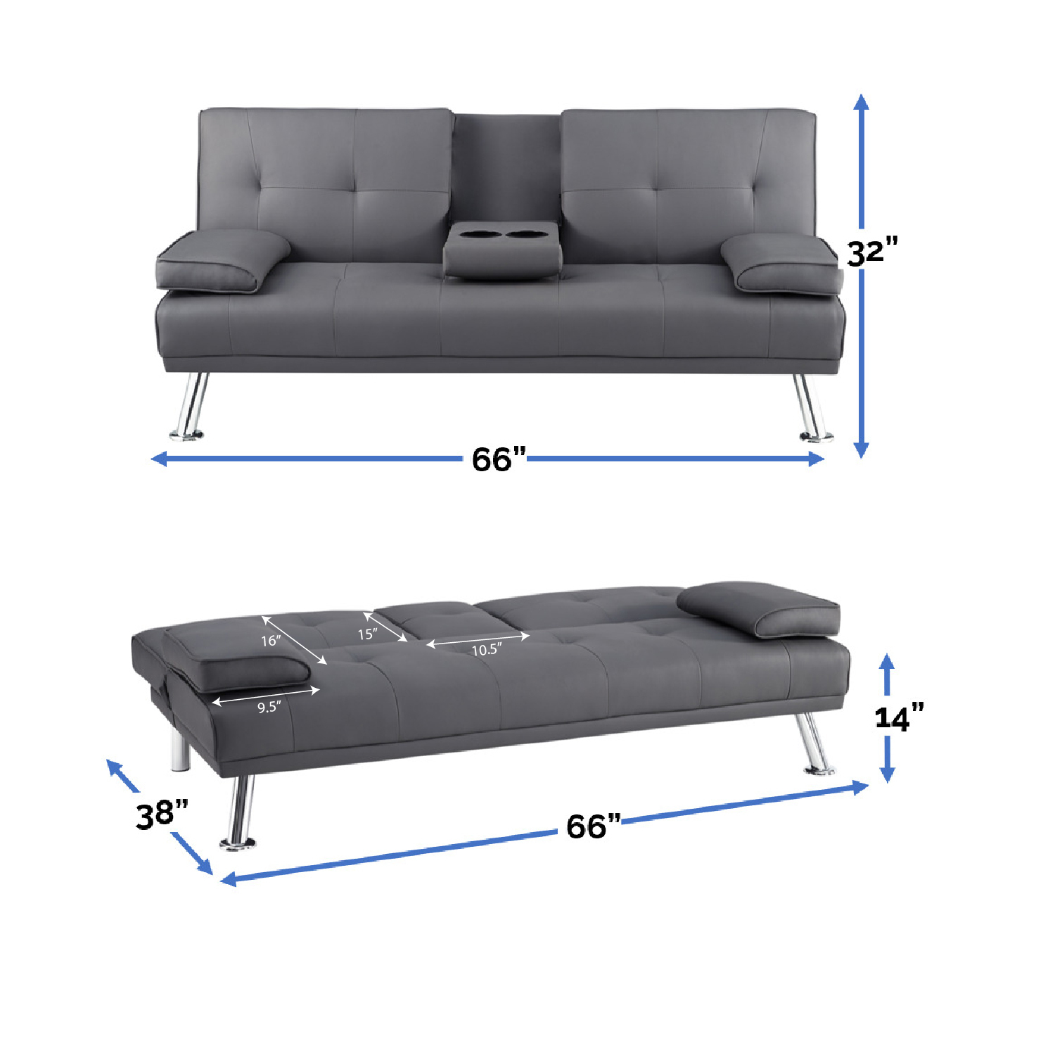 Convertible Faux Leather Futon Sofa Bed, Folding Sofa Couch with arm rest, 2 cup holders and Chrome metal Legs, Gray