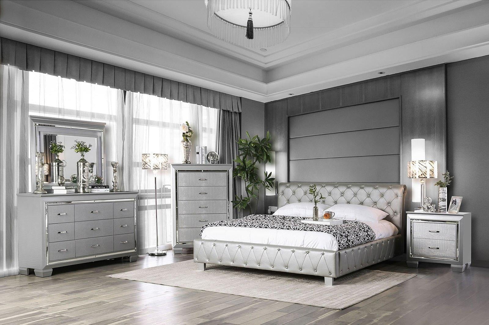 Contemporary Silver Solid Wood King Bedroom Set 5pcs FOA CM7056SV-EK Juilliard