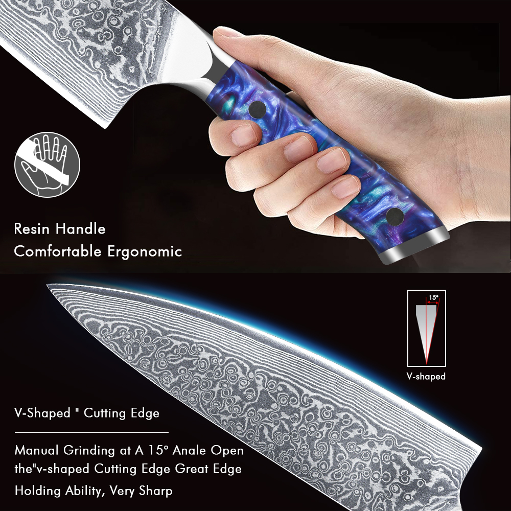 TURWHO 8inch Chef Knife Japanese VG10 Damascus Steel Kitchen Knife, Cook Knife, with Blue Resin Handle