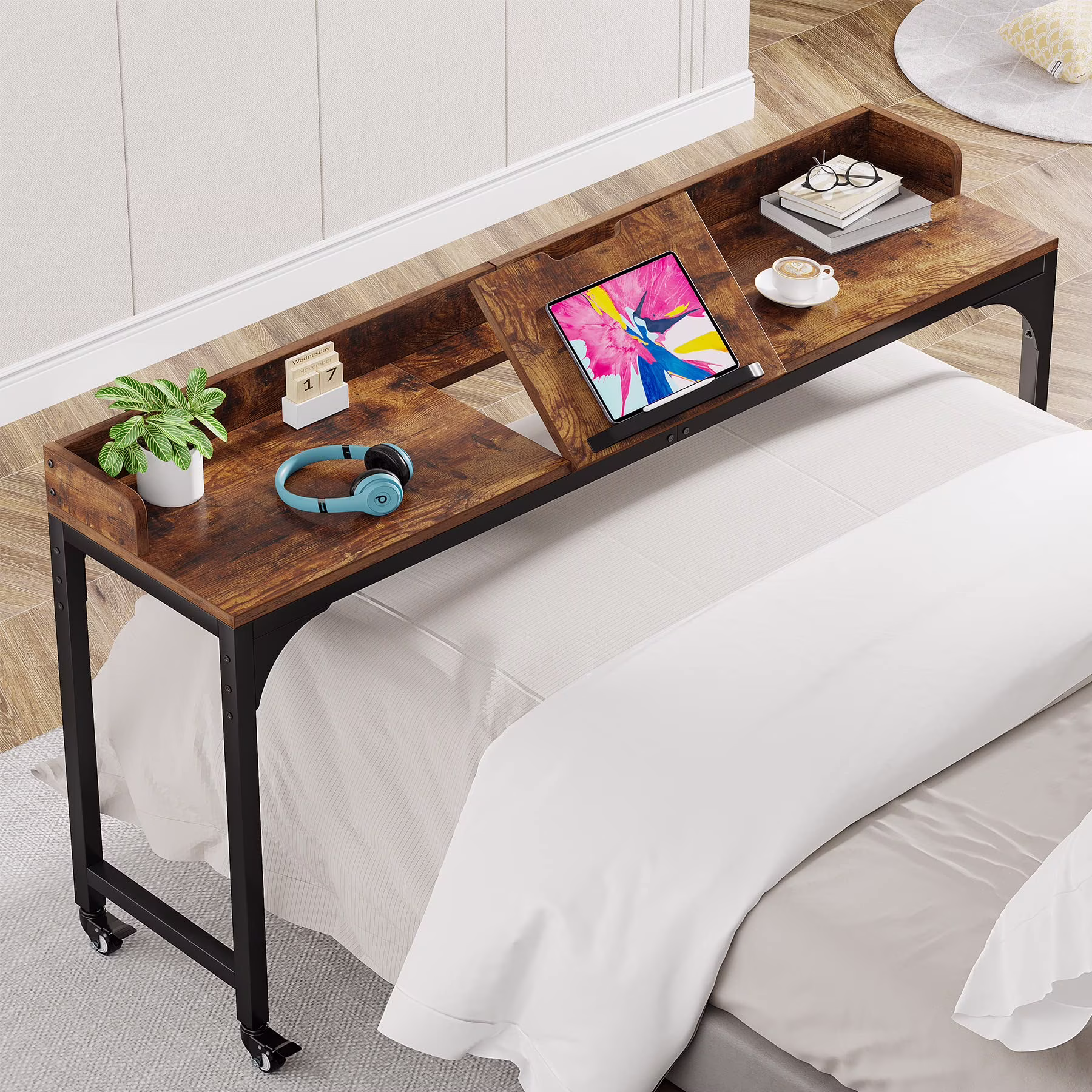 Tribesigns Overbed Table with Wheels, Queen Size Over Bed Table with Adjustable Tilt Stand Board, Mobile Computer Desk Laptop Cart Bar Table for Home and Hospital