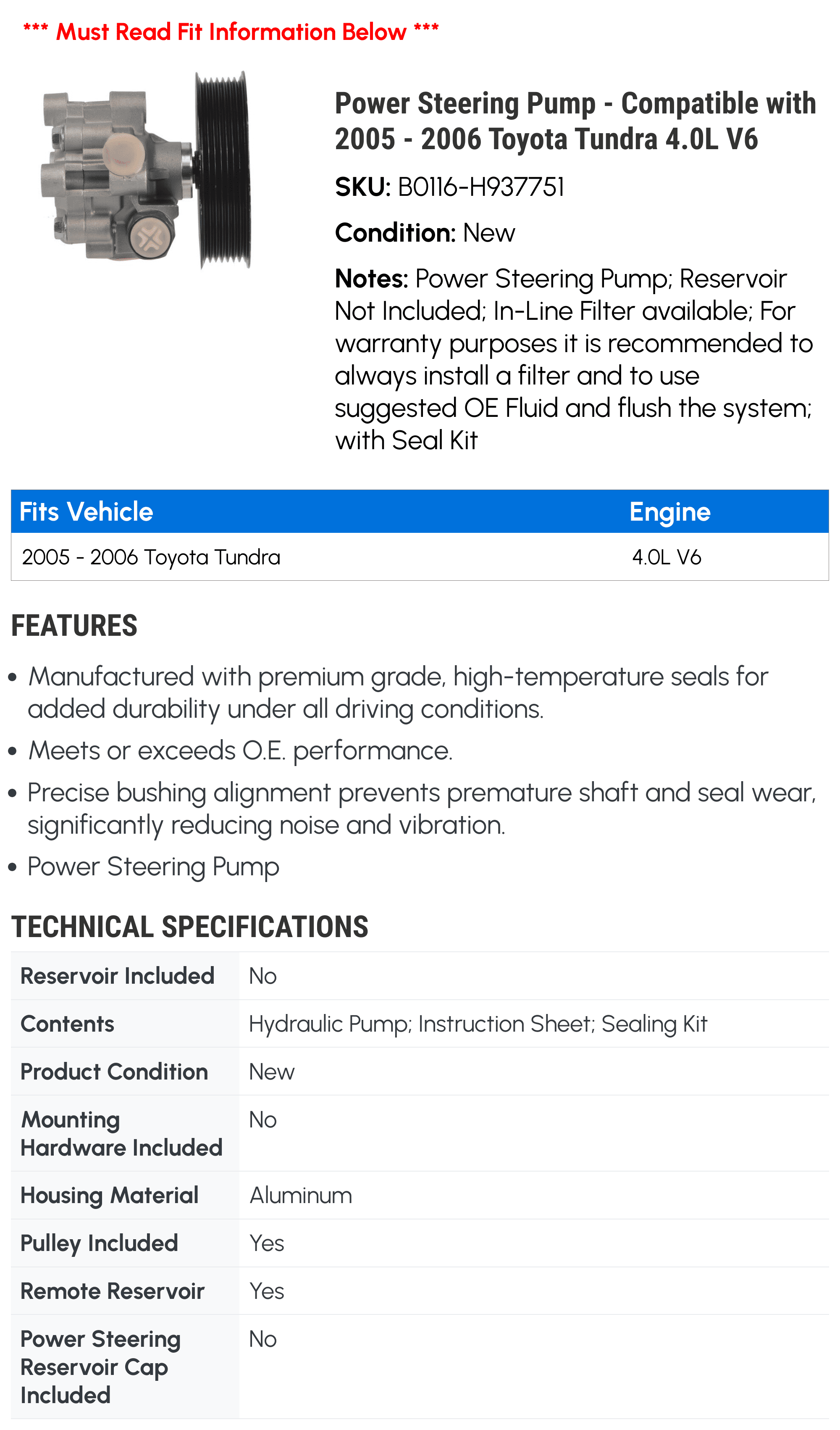 Power Steering Pump - Compatible with 2005 - 2006 Toyota Tundra 4.0L V6