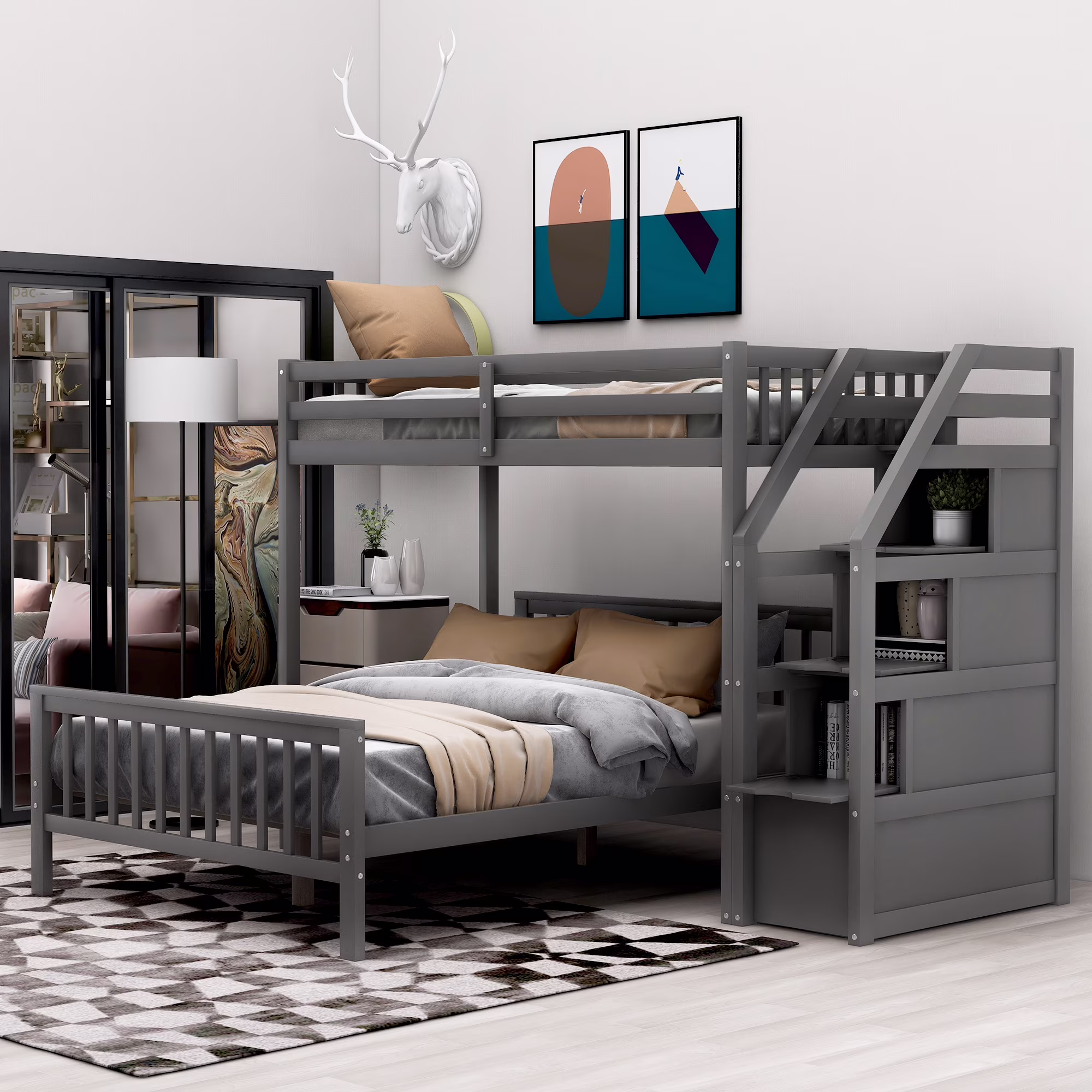 Nestfair Gray Twin over Full Loft Bed with Storage Staircase