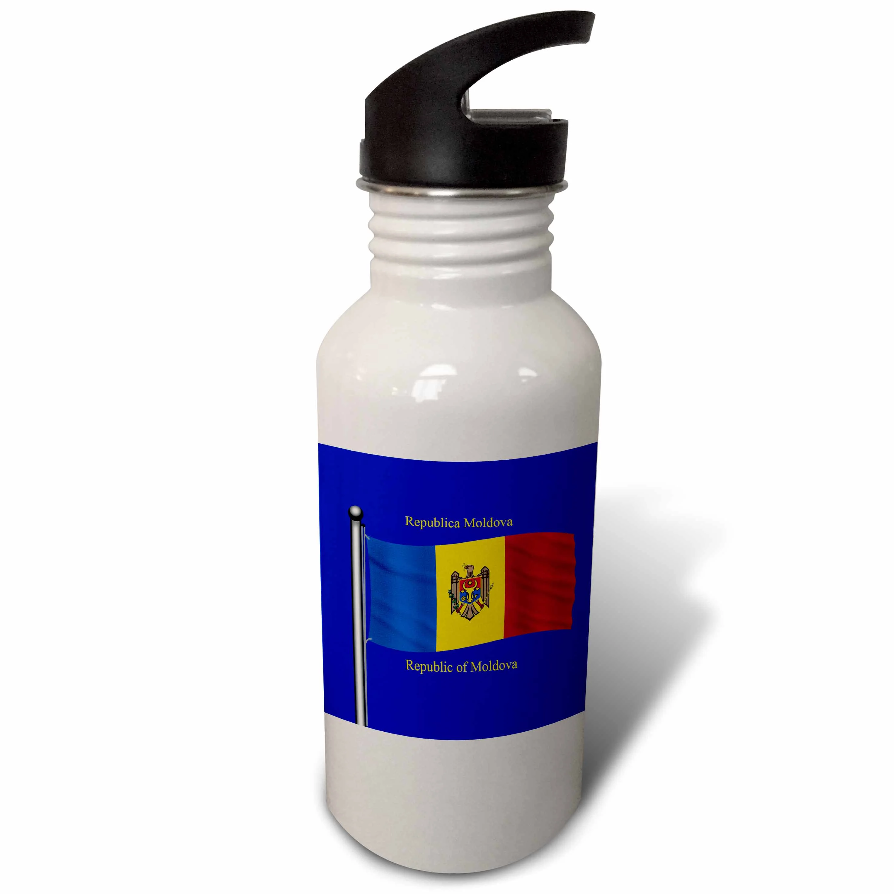 The flag of Moldova on a blue background with Republic of Moldova in English and Moldovan Romanian 21 oz Sports Water Bottle wb-63183-1