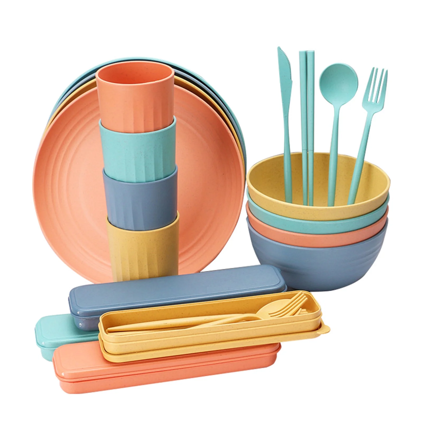 32PCs Food-grade Wheat Straw Microwave Dishwasher Freezer Plates Bowls Cups Spoons Forks Chopsticks Cutlery Boxes Practical Tableware Eco-friendly Reusable Kitchen Utensils for Kitchen Ki