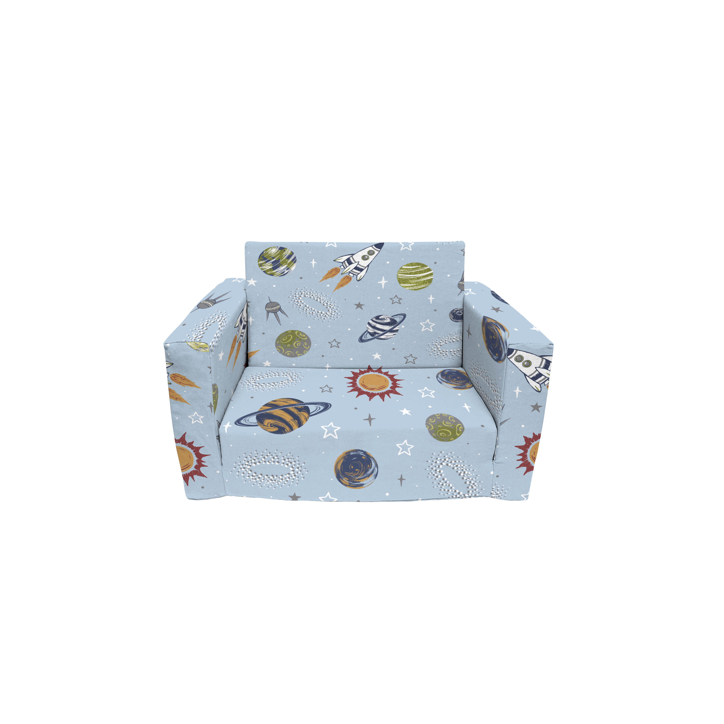 fond + found Kids Sofa Couch,Toddler Children 2-in-1 Convertible Sofa to Lounger, Comfy Flip-Out Couch/Sleeper, Rocket Outer Space Toddler Couch Chair, Sofa Bed for Boys Girls