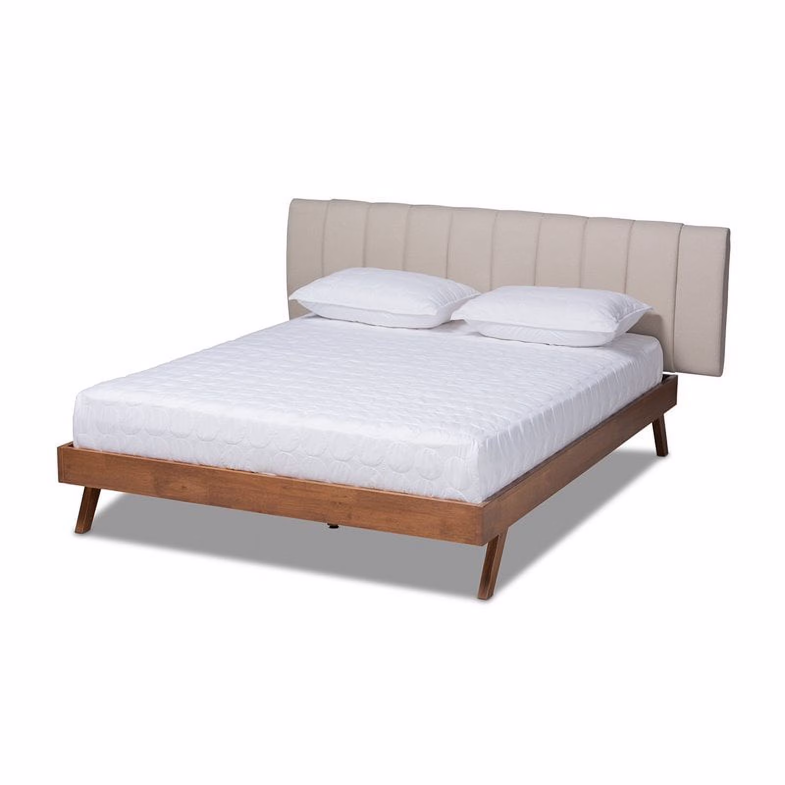 Bowery Hill Mid-Century Upholstered Fabric King Size Bed in Light Beige/Walnut