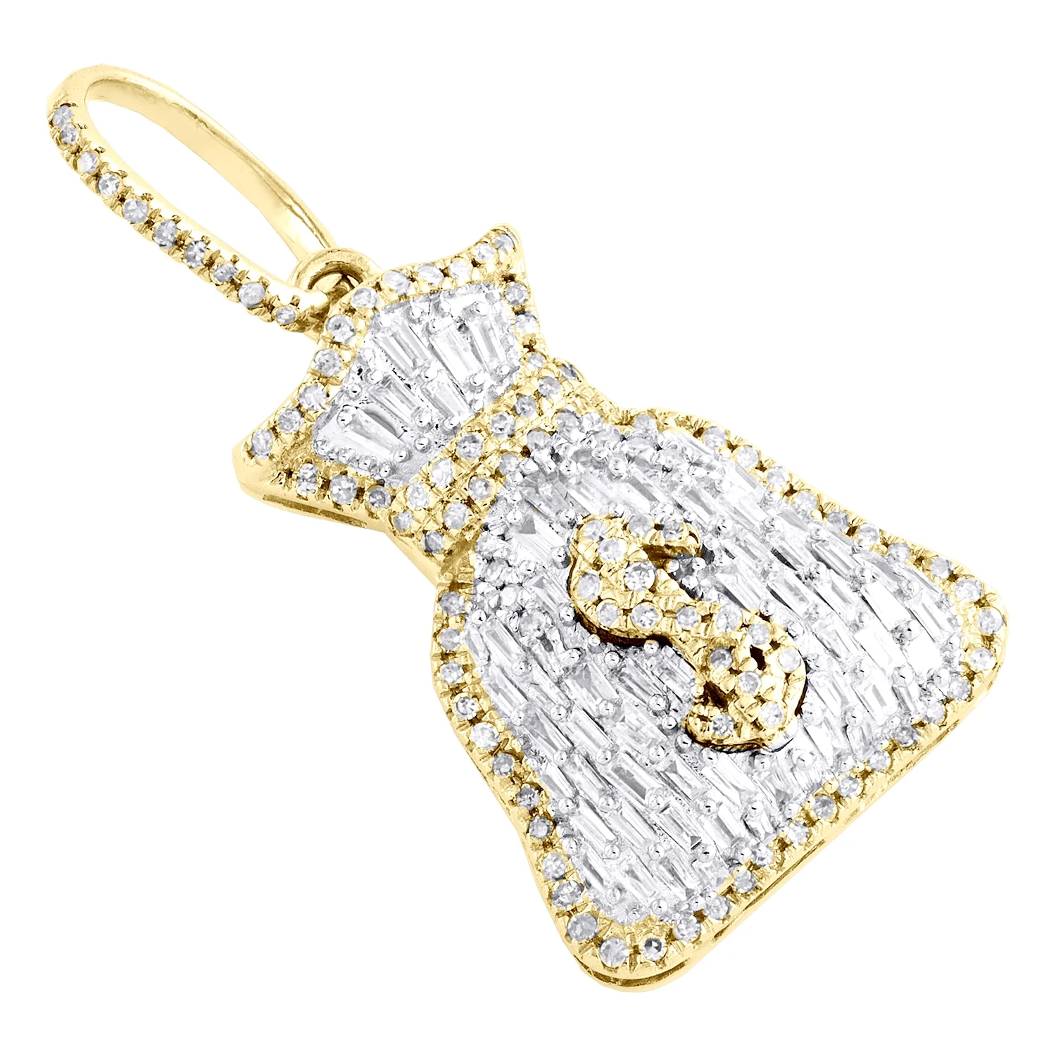 10K Yellow Gold Round & Baguette Diamond Money Bag Pendant 1.25