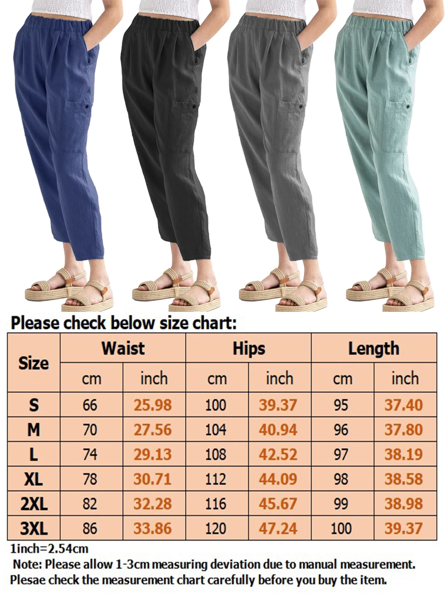 Niuer Linen Capris Pants For Women Ankle Length Beach Casual Pants High Waist Straight Plain Pants Size S-3XL