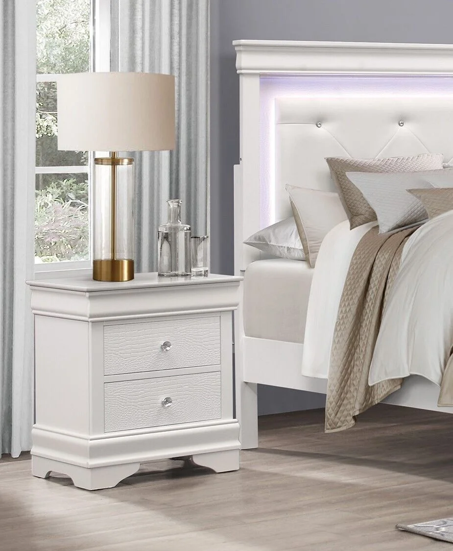 Glamorous Style White Finish 4pc Modern Bedroom Set Queen Bed LED Light Headboard Textural Panels Nightstands Dresser Mirror