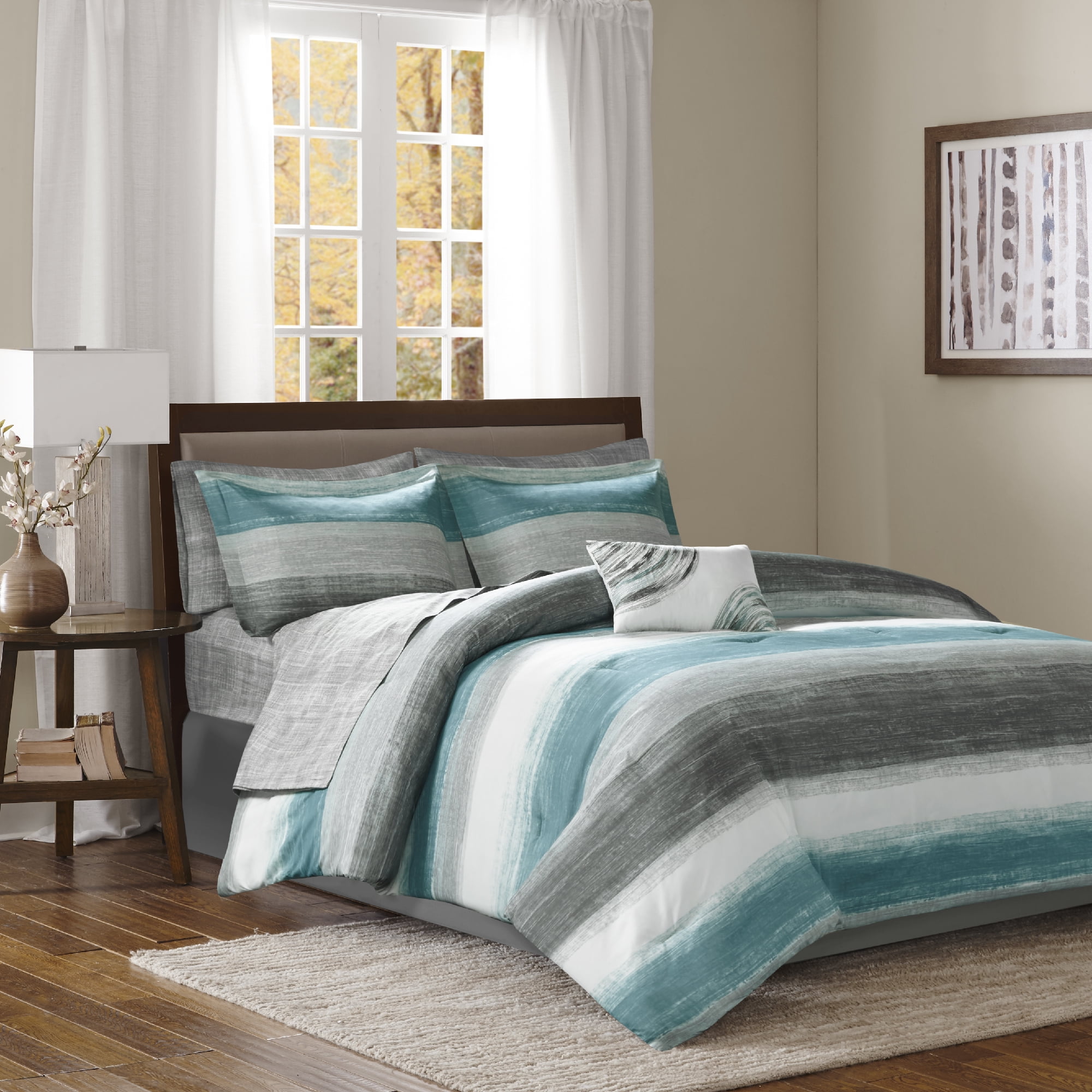Madison Park Essentials 9-Piece Cal King Complete Comforter Set with Cotton Bed Sheets Aqua Stripe Bed in a Bag