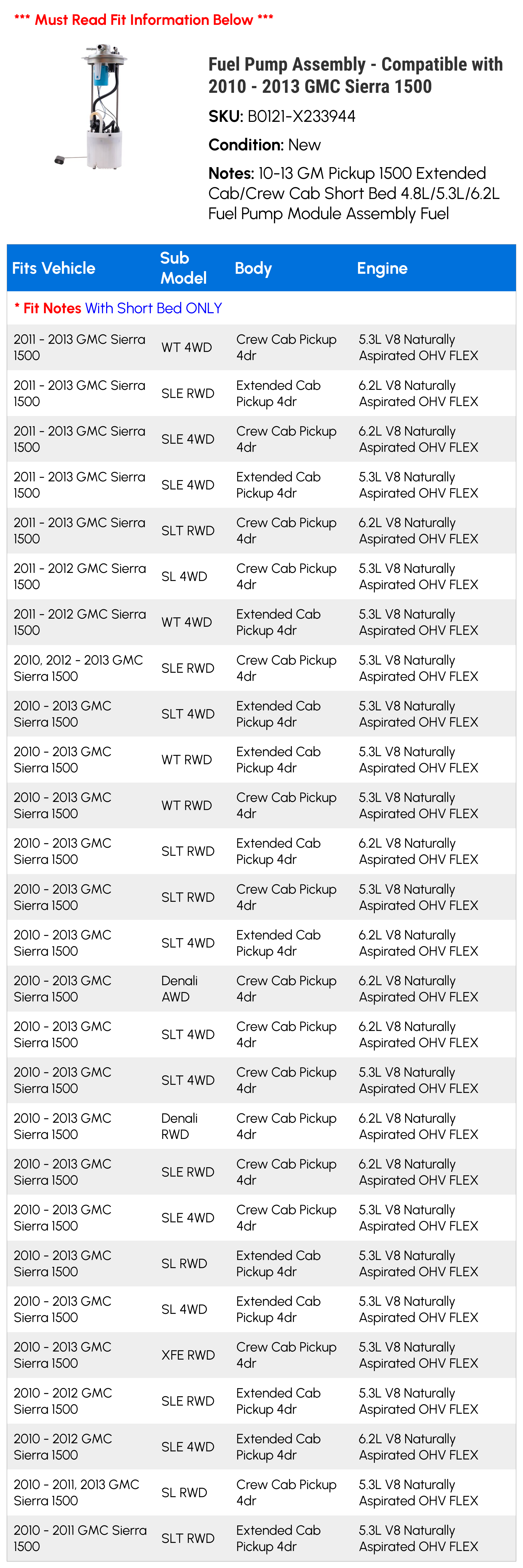 Fuel Pump Assembly - Compatible with 2010 - 2013 GMC Sierra 1500 2011 2012