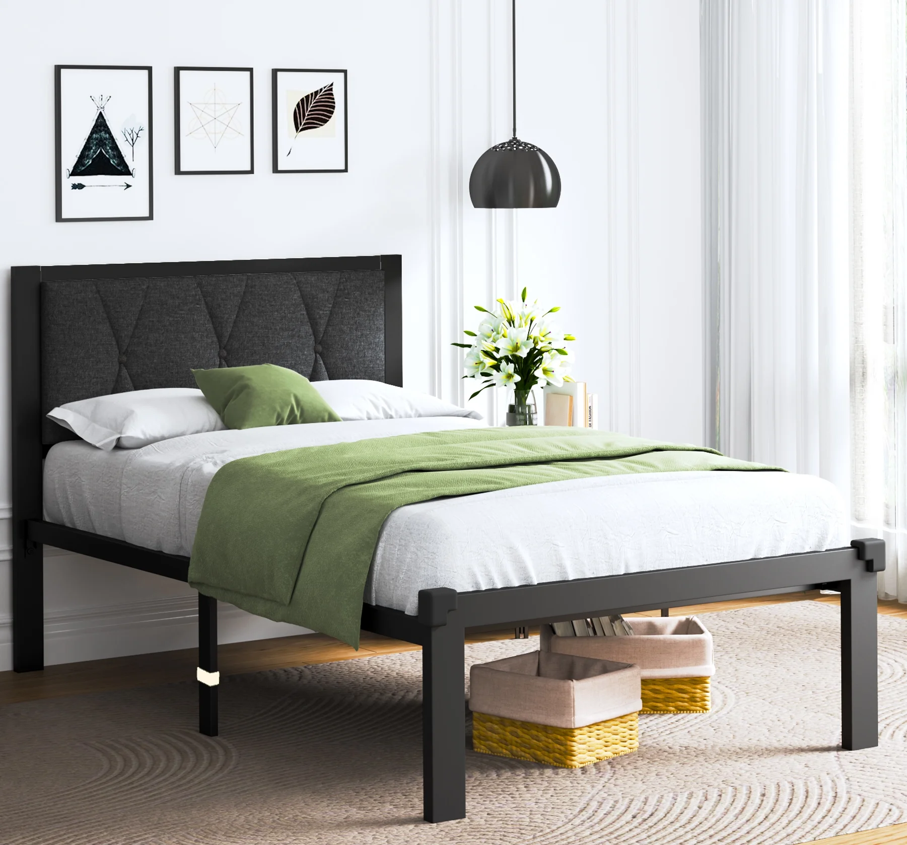 Feonase Twin Size Metal Bed Frame with Fabric Button Tufted Headboard, Platform Bed Frame with Heavy Duty Metal Slats, 12