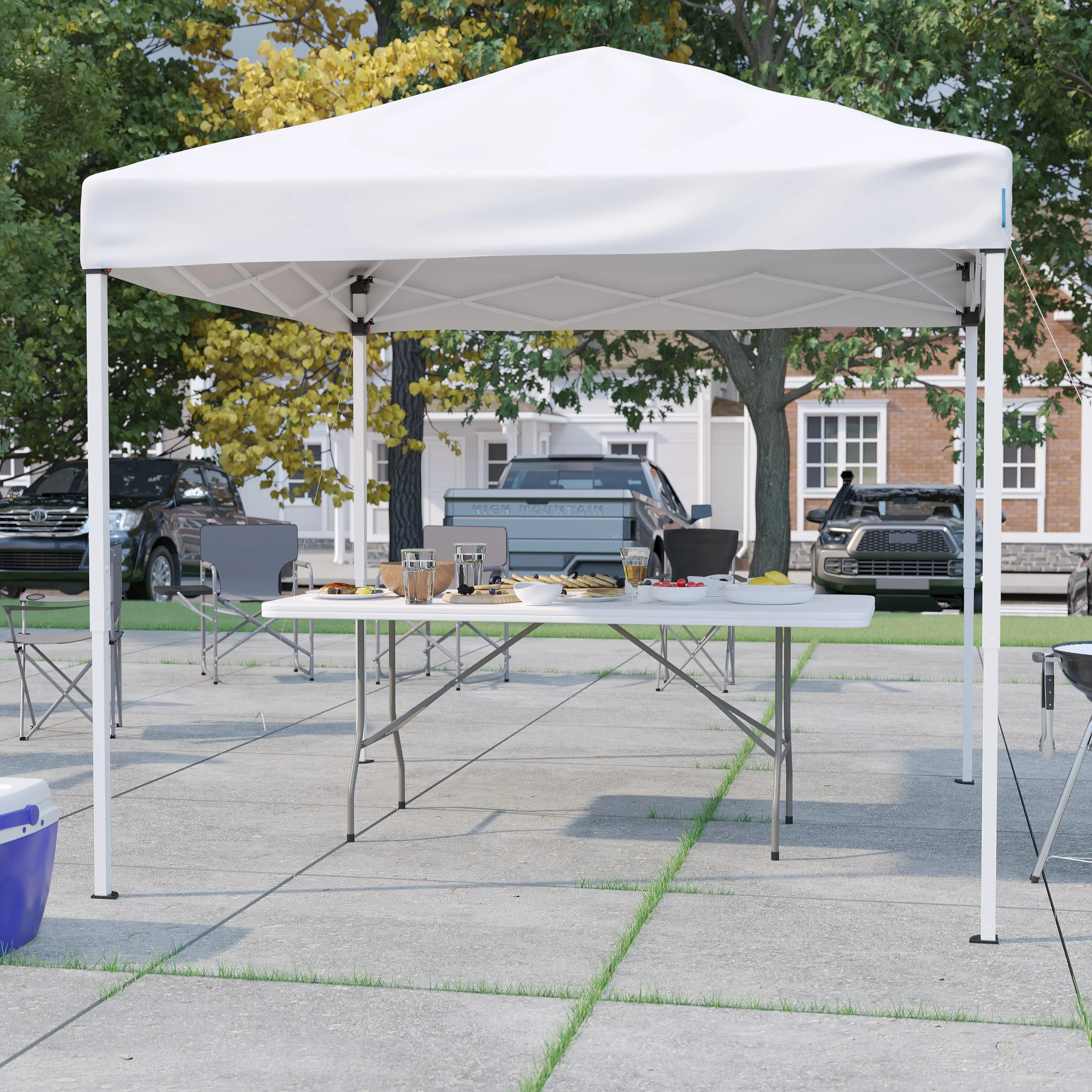 BizChair 8'x8' White Pop Up Event Canopy Tent with Carry Bag and 6-Foot Bi-Fold Folding Table with Carrying Handle - Tailgate Tent Set
