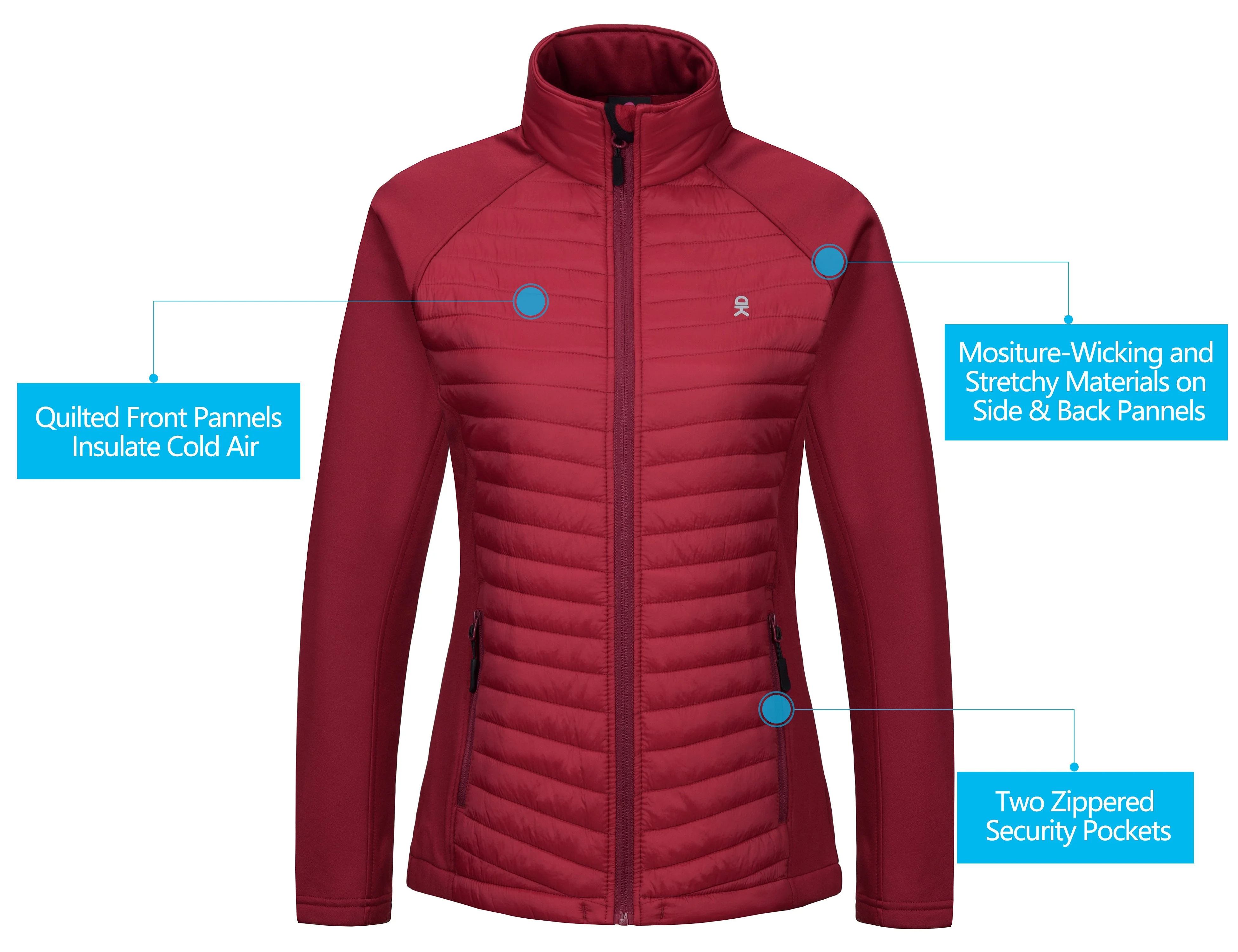 Little Donkey Andy Women's Insulated Hiking Jacket, Thermal Running Hybrid Jacket Dark Red Size L