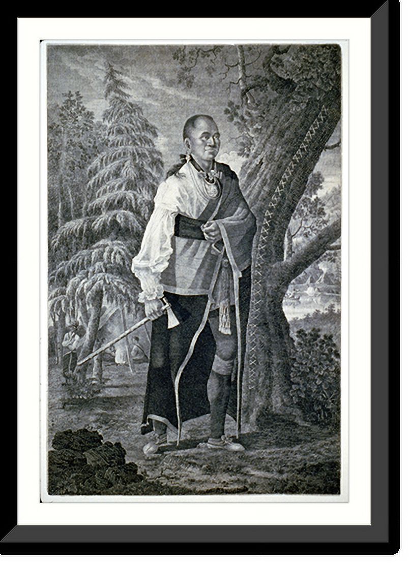 Historic Framed Print, Portrait of Hendrick, Mohawk chief, full length standing holding tomahawk with camp scene in background - 2, 17-7/8