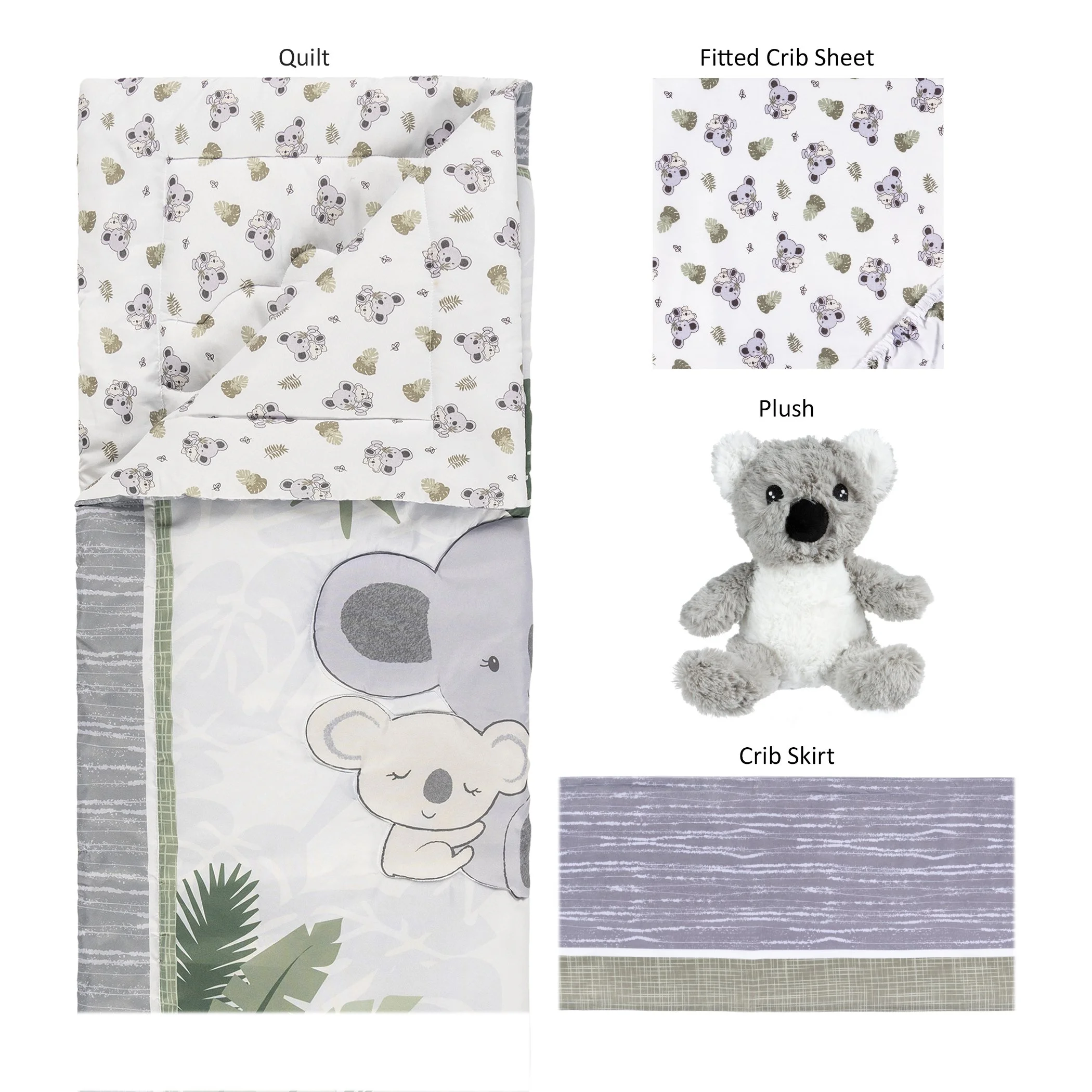 Sammy & Lou Koala Love 4 Piece Crib Bedding Set, Gray, White, Green, Brown, Infant, 200 Thread Count, Koala Character