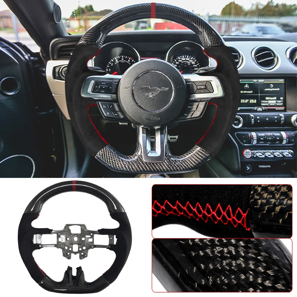 Ikon Motorsports Compatible with 15-17 Mustang V3 Style Steering Wheel CF with Alcantara Red Ring