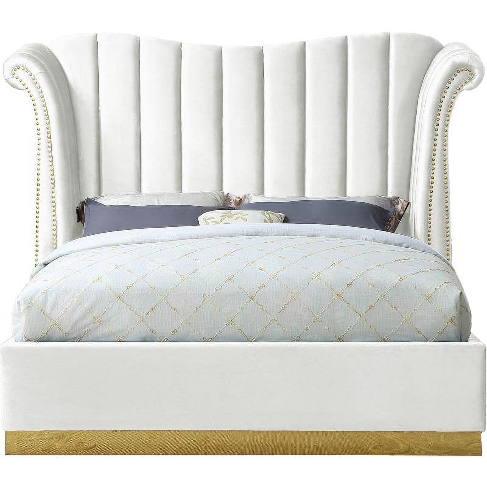 Maklaine Contemporary Solid Wood and Velvet Queen Bed in White