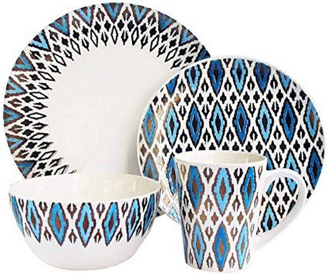 DIQIN 16 Piece Diamond Metallic Round Dinnerware Set, Blue/Gold