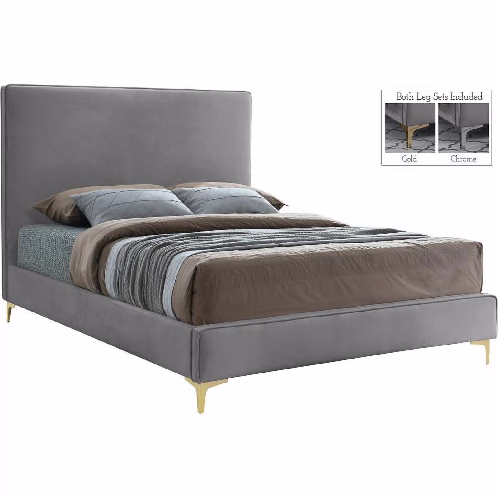 Meridian Furniture Geri Gray Velvet Queen Bed with Gold and Chrome Legs Included
