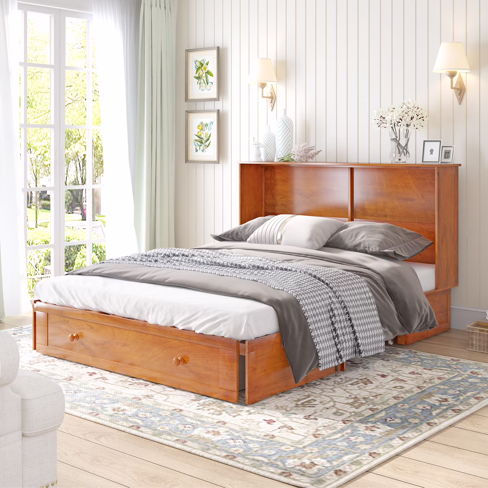 MUZZ Murphy Bed with Trifold Foam Mattress, Cabinet Bed has USB Charging Station, Queen Size Cabinet Chest Bed with Large Drawers for Living Room/Bedroom (Cherry)