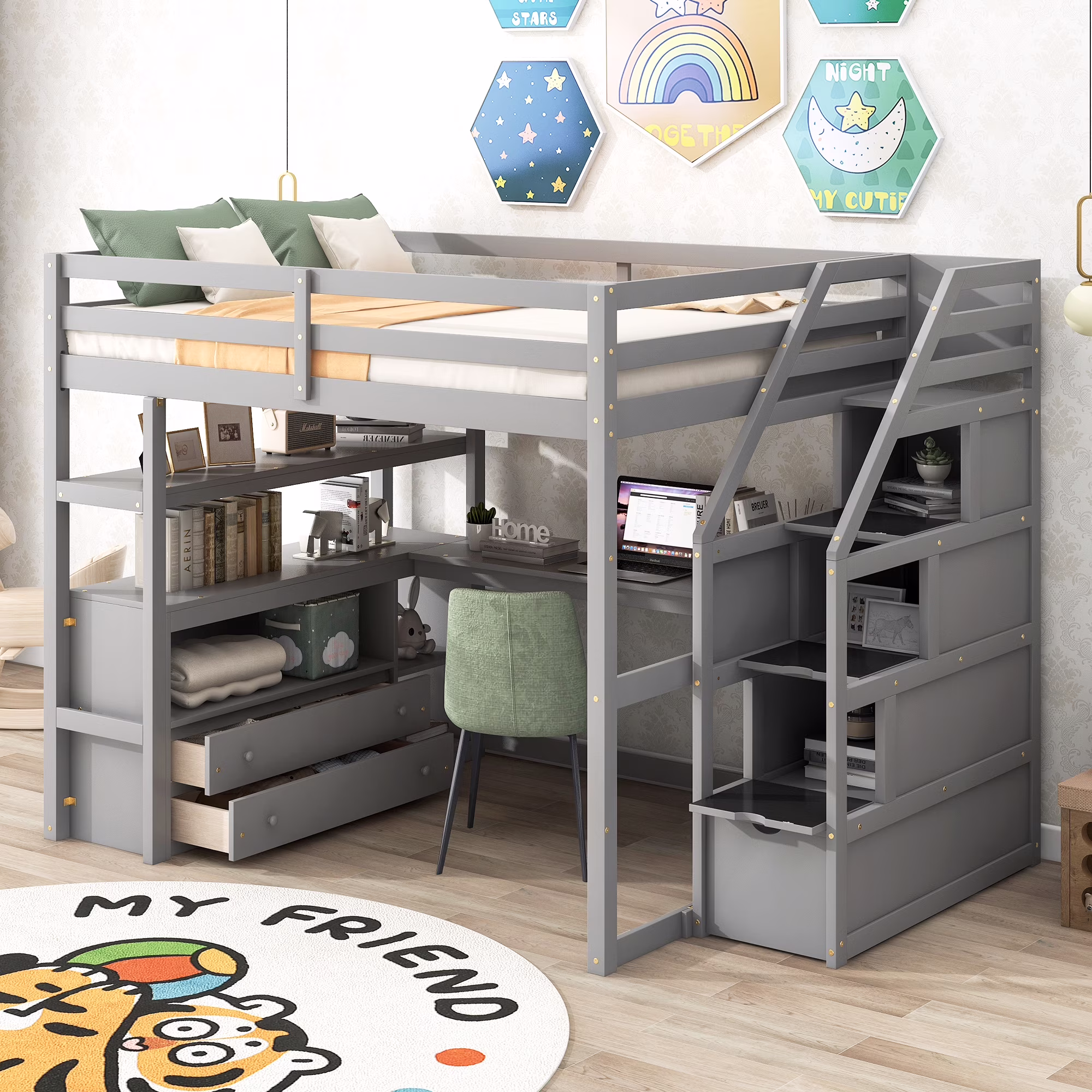 Churanty Full Size Loft Bed with Storage Staircase and Desk, High Loft Bed Frame with 2 Built-in Drawers for Kids Teens Adults, Espresso