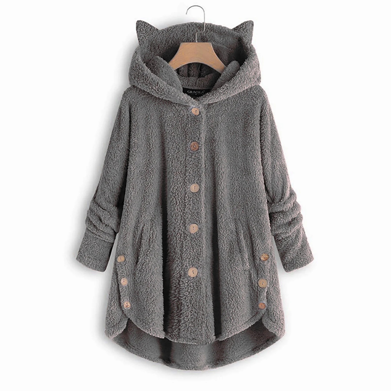 HHeiK Womens Button Hooded Cat Ears Plush Irregular Soild Pocket Coat