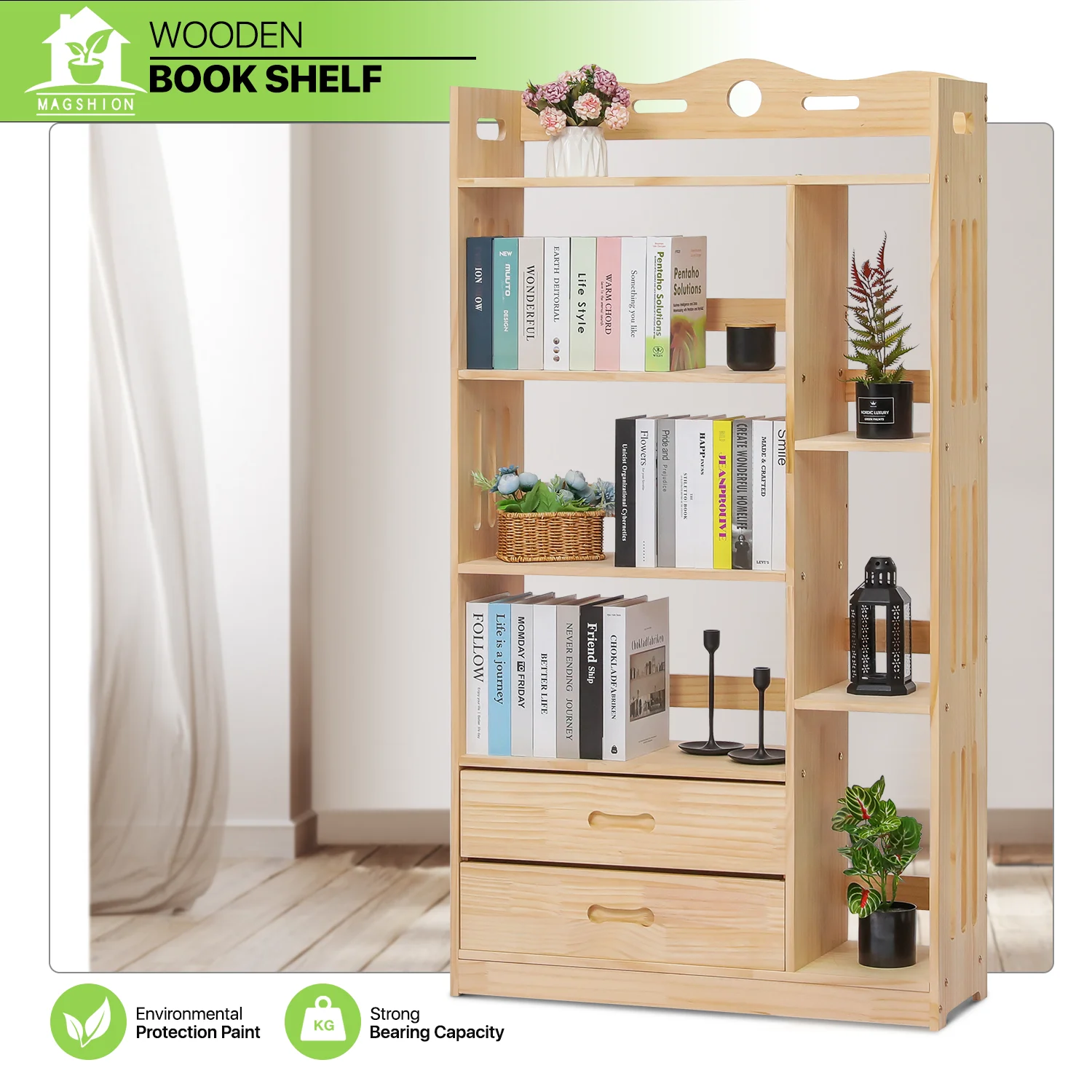 Magshion Wood 5 Tiers 2 Drawers Bookcase, Display Storage Bookshelf, Natural, for Living Room