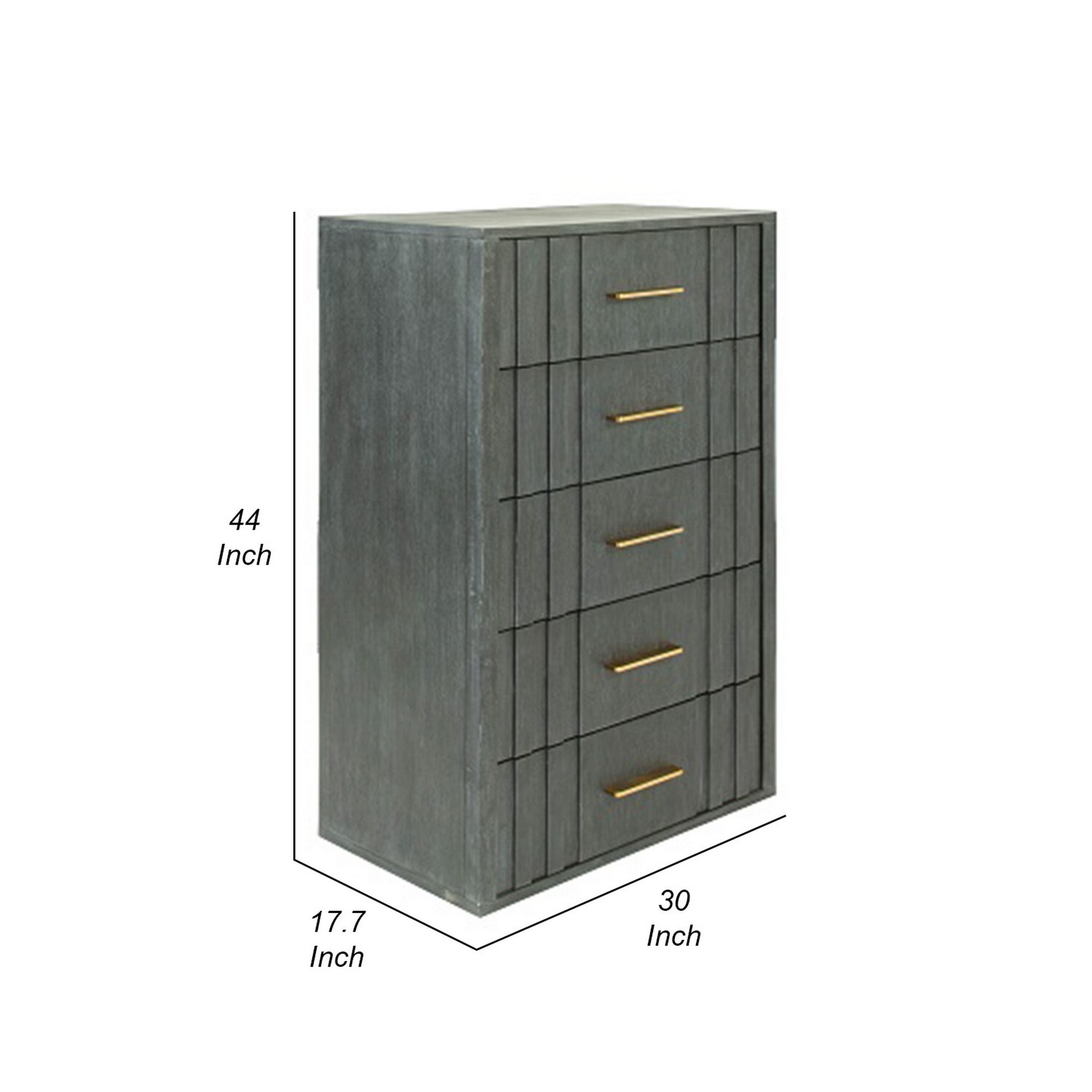 Benjara  44 in. Cid Lime Tall Dresser Chest with 5 Gliding Drawers, Gray & Brass Gold